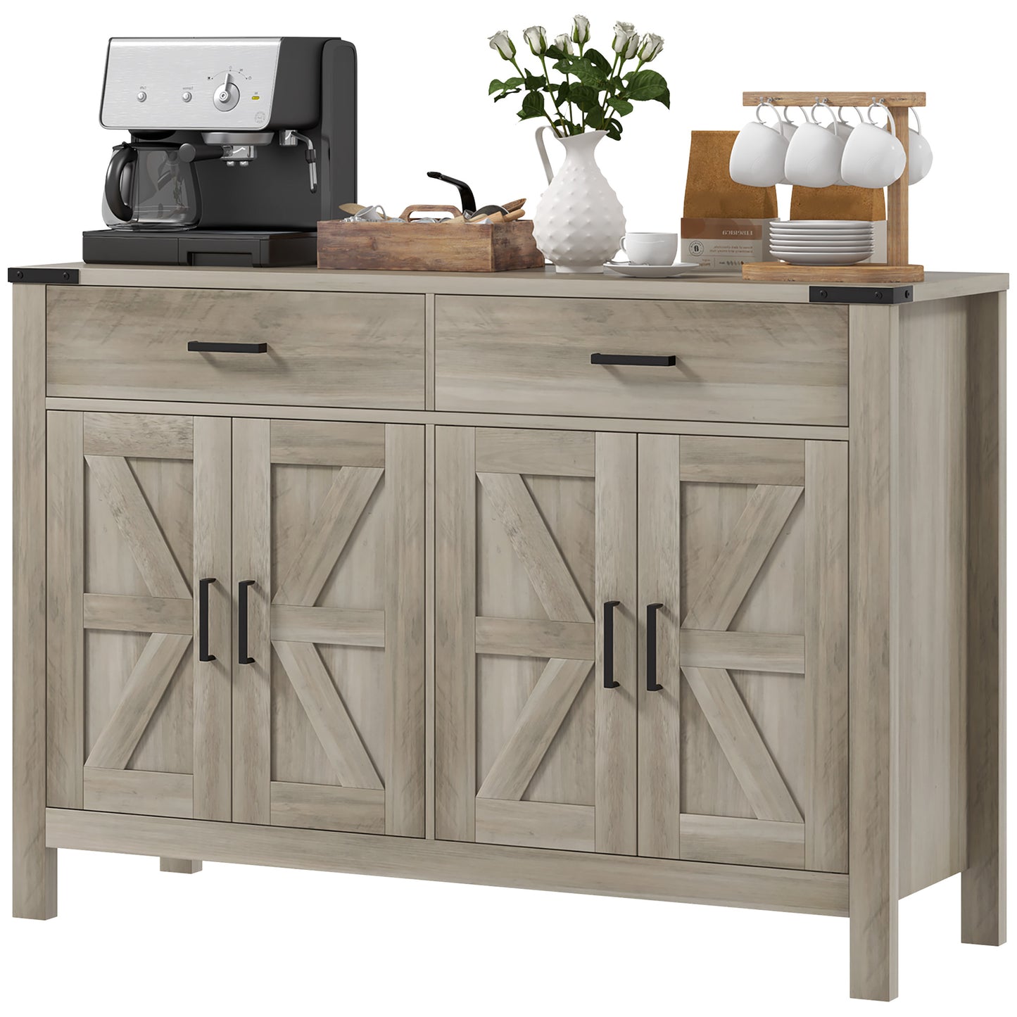Side Cabinet, Farmhouse Kitchen Storage Cabinet w/ 2 Drawers and Shelves for Living Room, Entryway, Grey