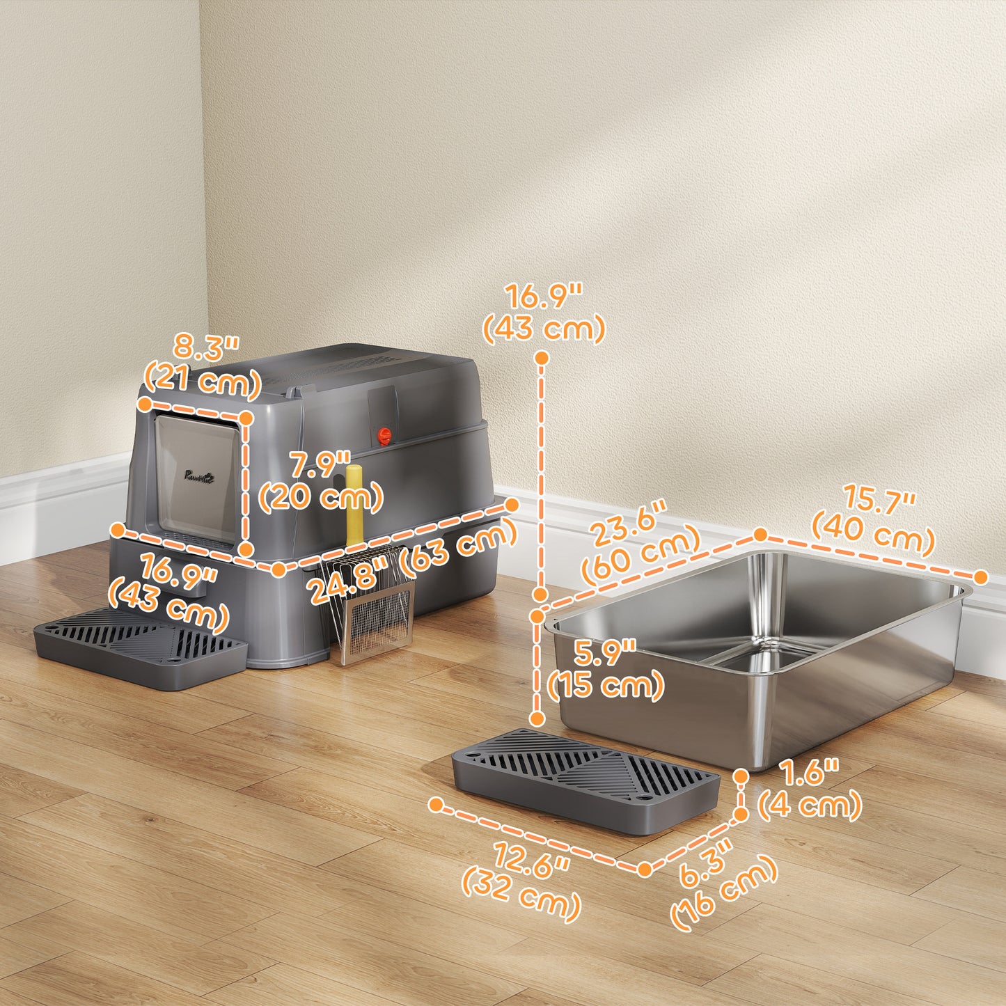80L XL Stainless Steel Cat Litter Box for Big Cats with Flip Cover, Pull-Out Drawer Tray, High Sided, Pedal, Dark Grey
