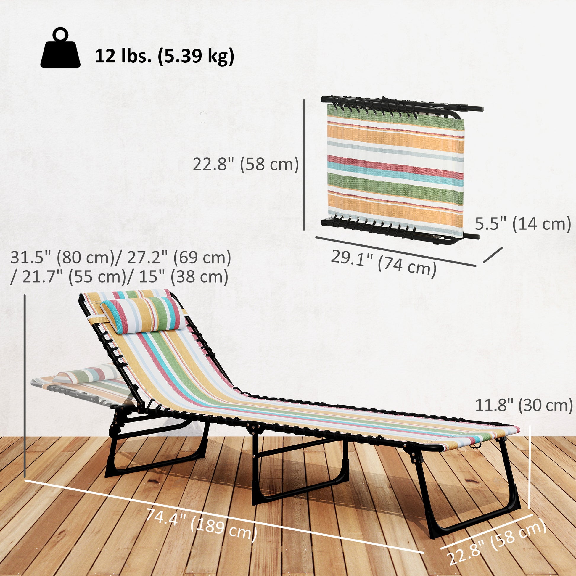 Outdoor Folding Lounge Chair, 4-Level Adjustable Chaise Lounge with Headrest, Tanning Chair Beach Bed, Reclining Lounger Cot for Camping, Hiking, Backyard, Multicoloured