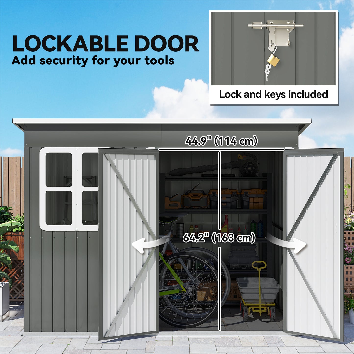 8.5' x 6' Galvanised Steel Outdoor Storage Shed, Garden Shed with Window, Lockable Wide Doors and Air Vents, Grey
