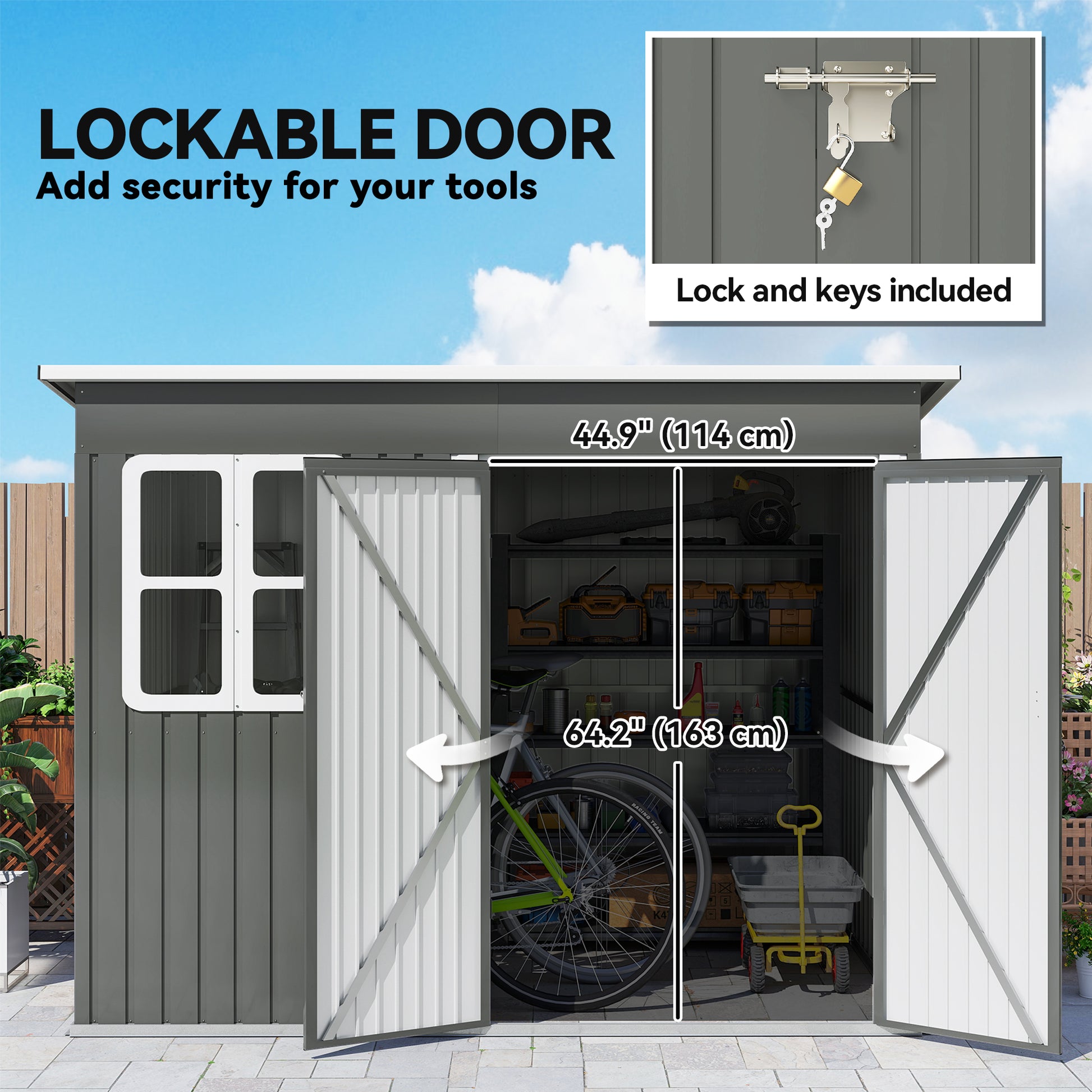8.5' x 6' Galvanised Steel Outdoor Storage Shed, Garden Shed with Window, Lockable Wide Doors and Air Vents, Grey
