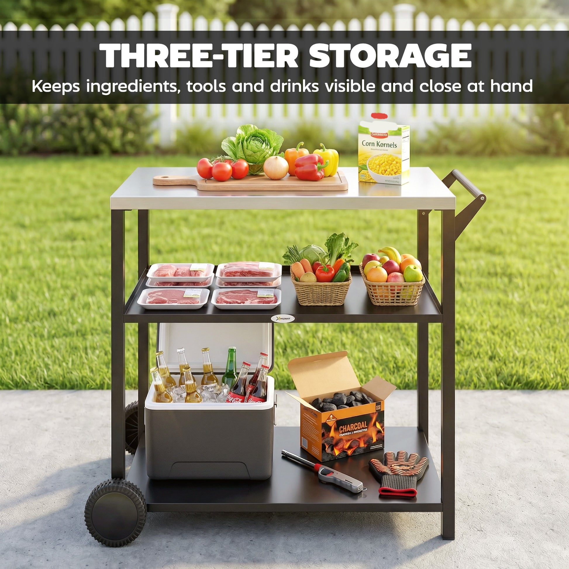 Outdoor Grill Cart with Stainless Steel Top, Three-Tier Pizza Oven Stand, BBQ Cart on Wheels, Black