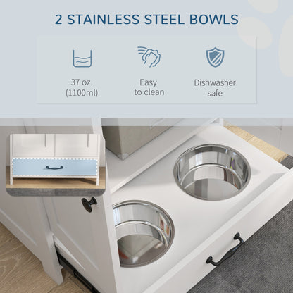 Pet Food Storage Container Dog Feeding Station w/ Adjustable Panel, Hooks, for Medium Sized Dogs, White