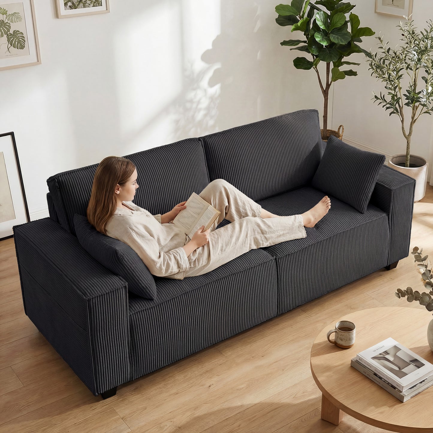 86" 3 Seater Sofa, Modern Corduroy Upholstered Couch, Dark Grey