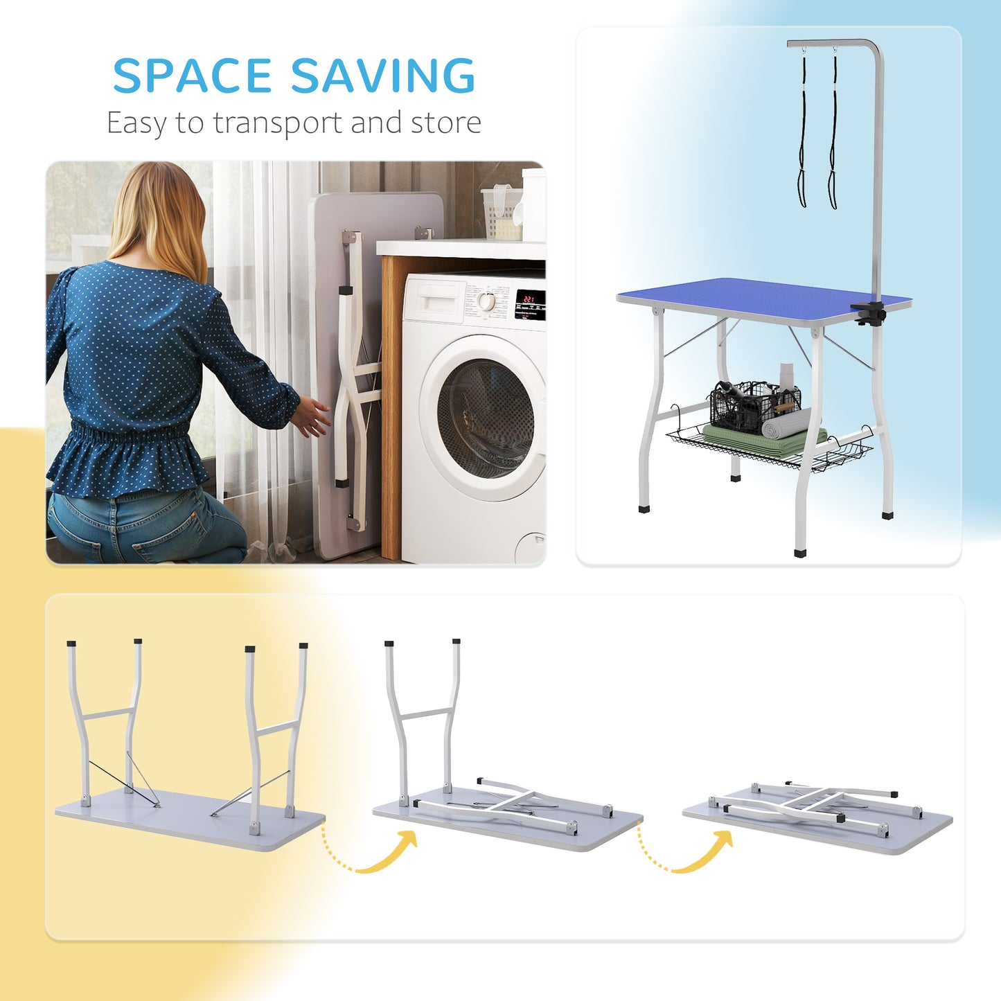 Dog Grooming Table w/ Adjustable Arm, Mesh Tray, Two Nooses, Rubber Surface, 35" x 24" x 61", Blue