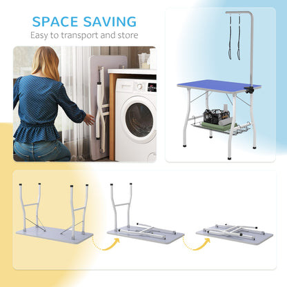 Dog Grooming Table w/ Adjustable Arm, Mesh Tray, Two Nooses, Rubber Surface, 35" x 24" x 61", Blue