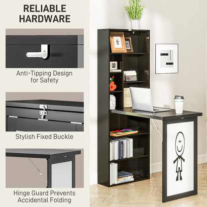 Fold-out Convertible Office Desk, Wall Mount Computer Desk with Whiteboard and Side Shelf, Black