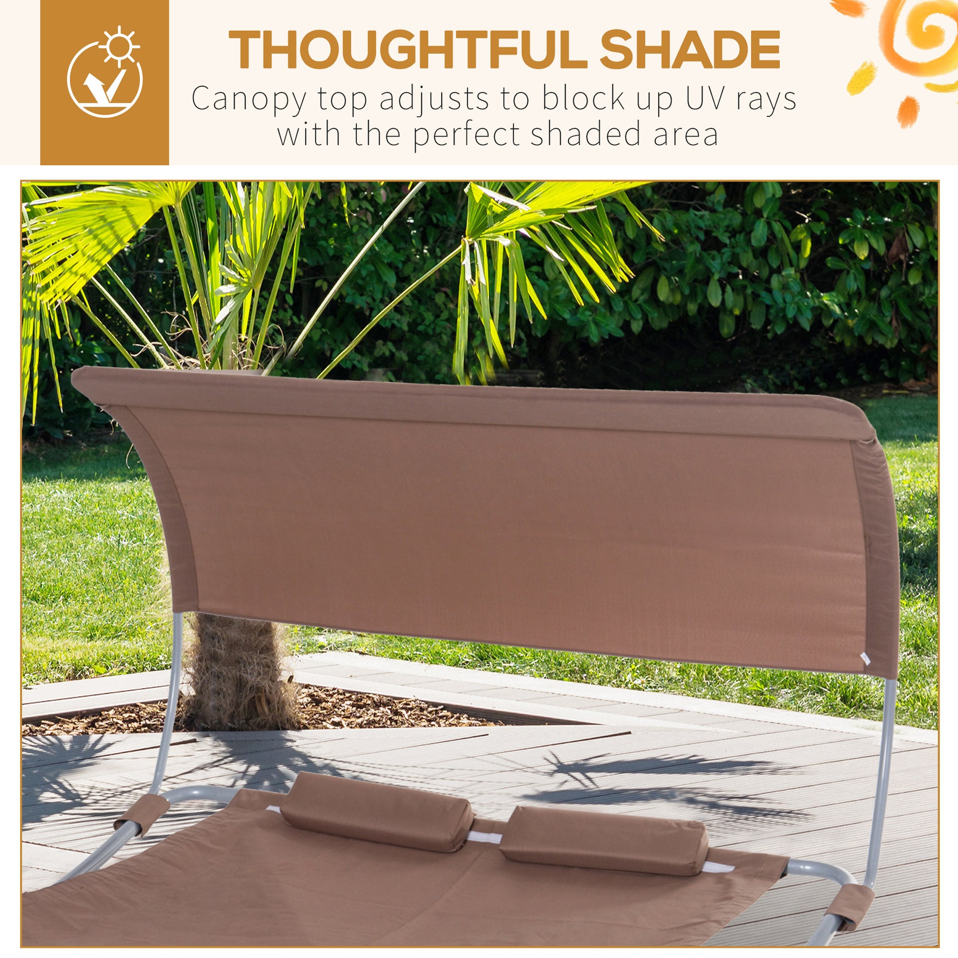 79" Outdoor Lounge Chair with Canopy, Double Chaise Lounger Hammock Bed w/ Pillow and Wheels, Brown