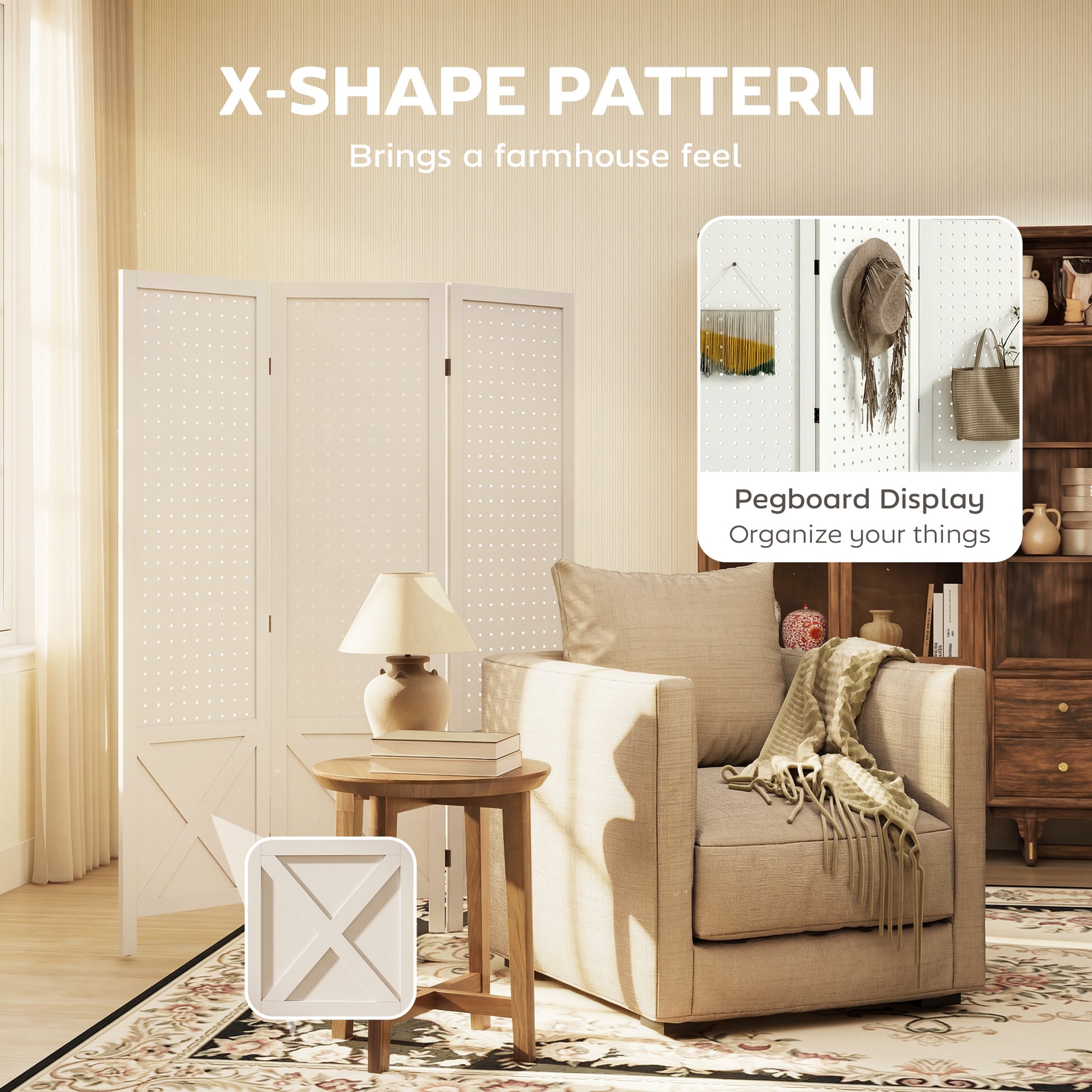 56.9" 3 Panel Wooden Room Divider with Pegboard Display, Folding Privacy Screen for Home Office, White