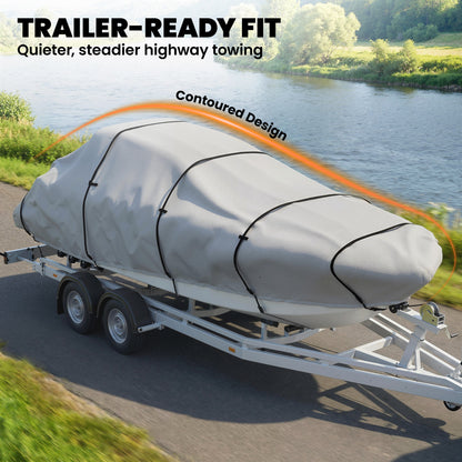 20-21 Ft Trailer Boat Cover, 3000mm Waterproof Universal Boat Cover with Quick-Fasten Buckles, Light Grey