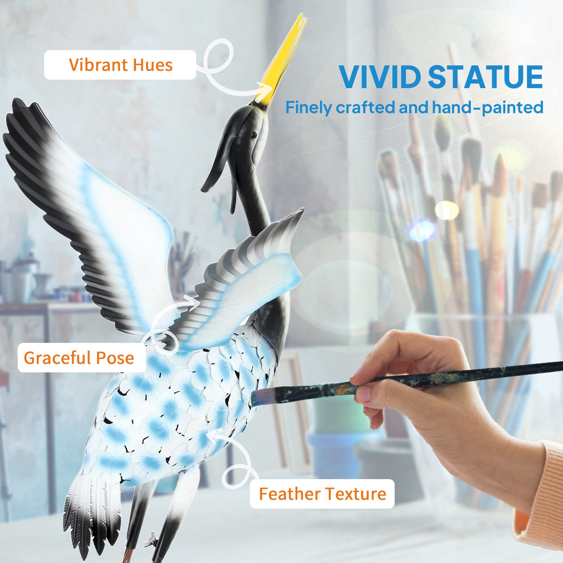Flying Crane Garden Statue, 42.5" Standing Lawn Ornament, Steel Garden Decor Bird Statue with Stakes for Lawn Patio Backyard Decoration, Mixed Colour