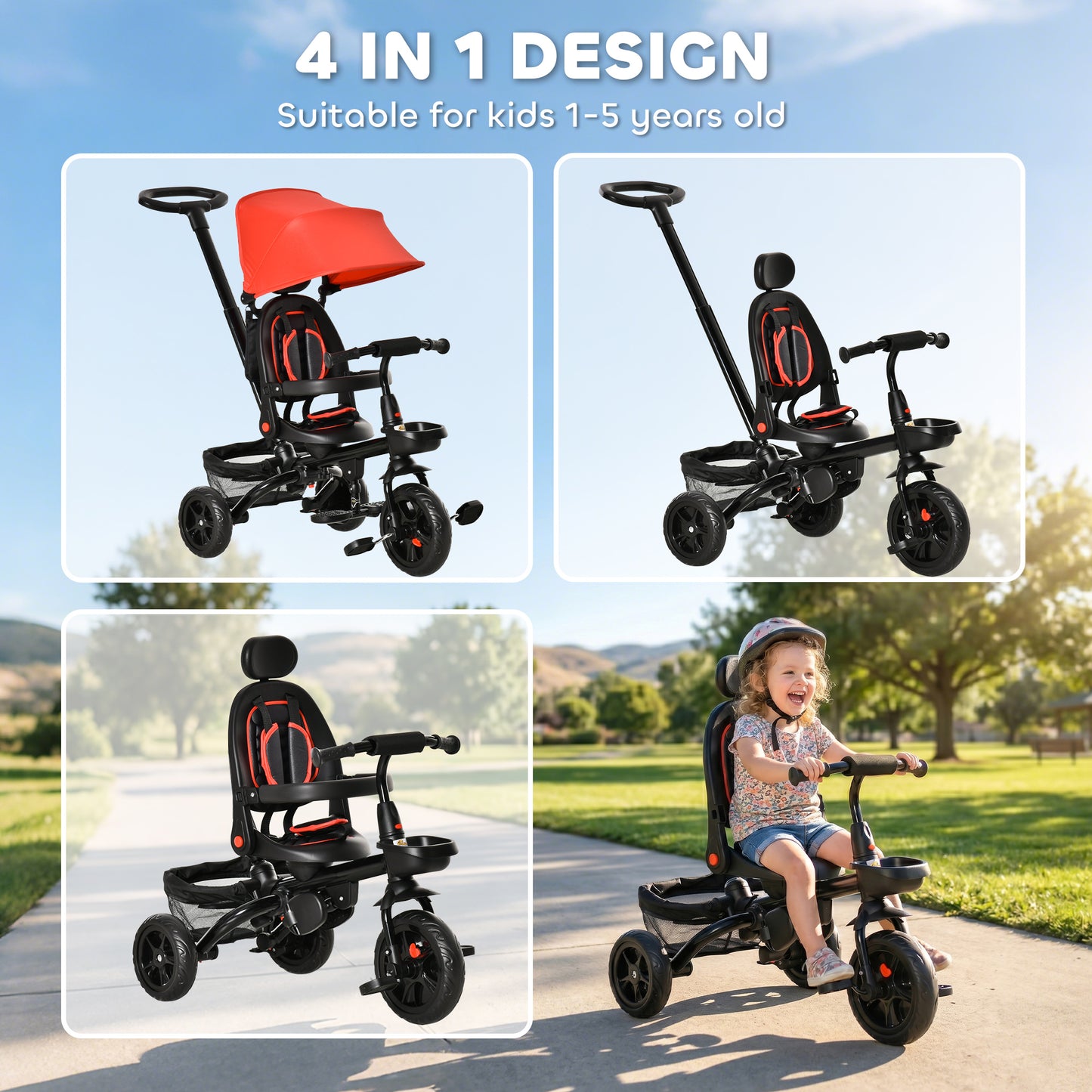 Qaba Tricycle for Toddler 4 in 1 Kids Trike, Foldable Converts Stroller to Toddler Bike, Adjustable Backrest & Curved Canopy, Detachable Guardrail & Handle for 1-5 Years Old, Red