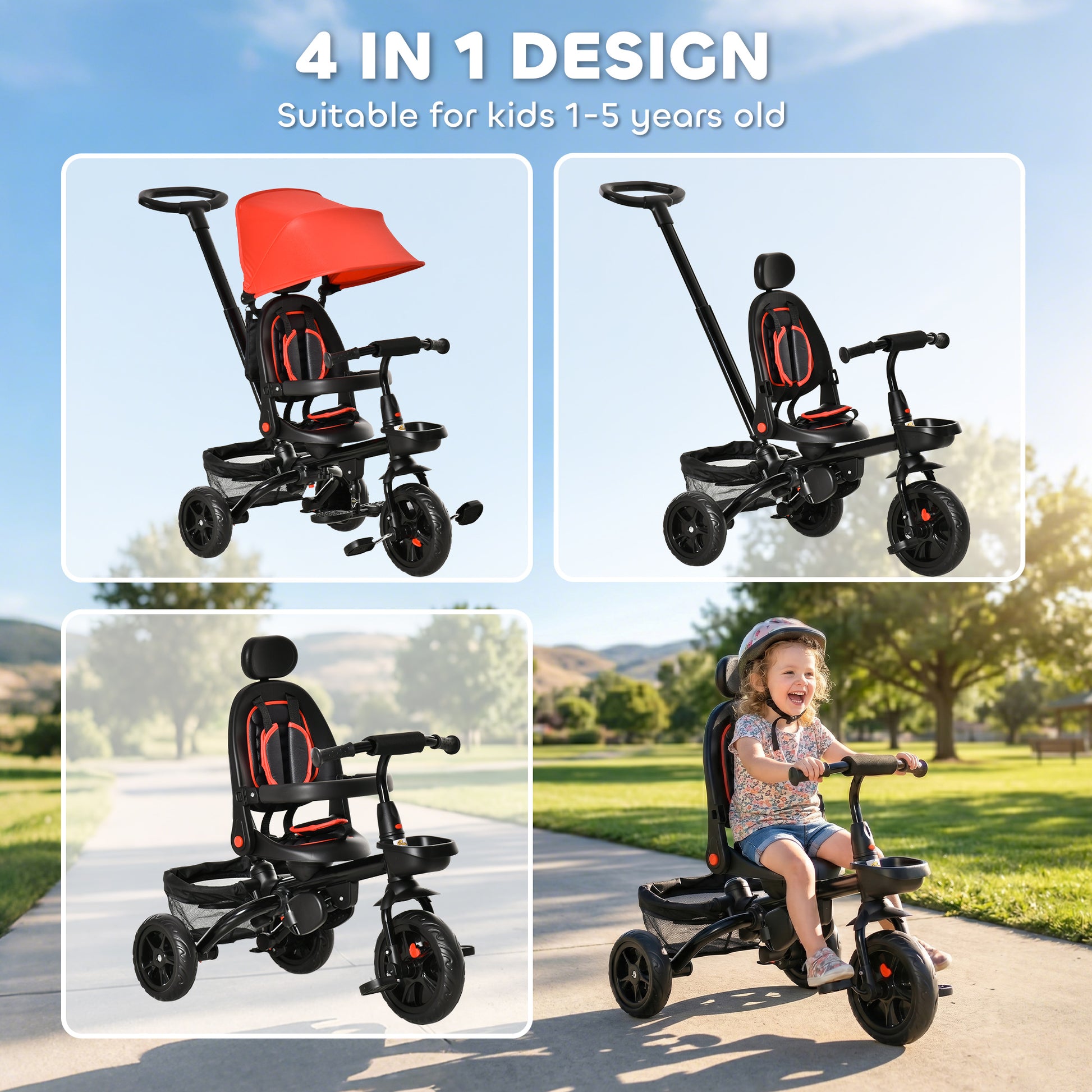 Qaba Tricycle for Toddler 4 in 1 Kids Trike, Foldable Converts Stroller to Toddler Bike, Adjustable Backrest & Curved Canopy, Detachable Guardrail & Handle for 1-5 Years Old, Red