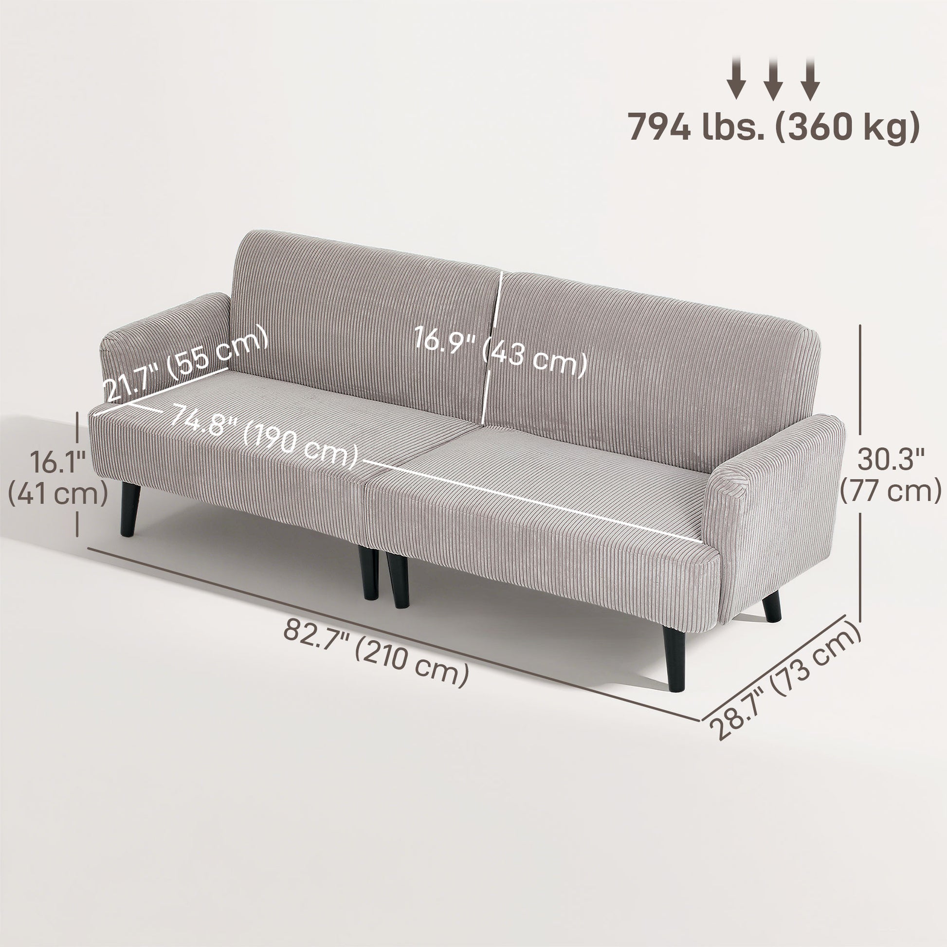Modern Couch, 3 Seater Sofa, Corduroy Loveseat with Rubberwood Legs and Extra-Wide Seat, Light Grey