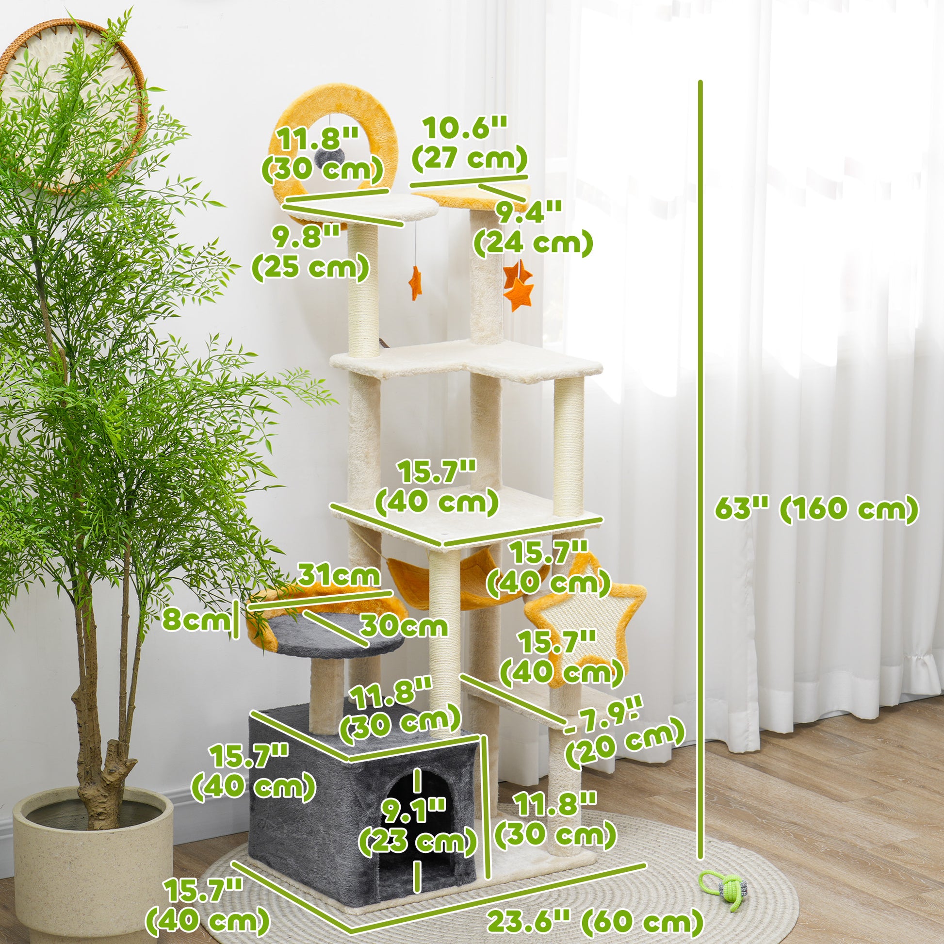 Star and Moon Themed Cat Tree with Cat Scratching Posts, Cat Condo, Bed, Scratching Board, Cat Toys, Beige