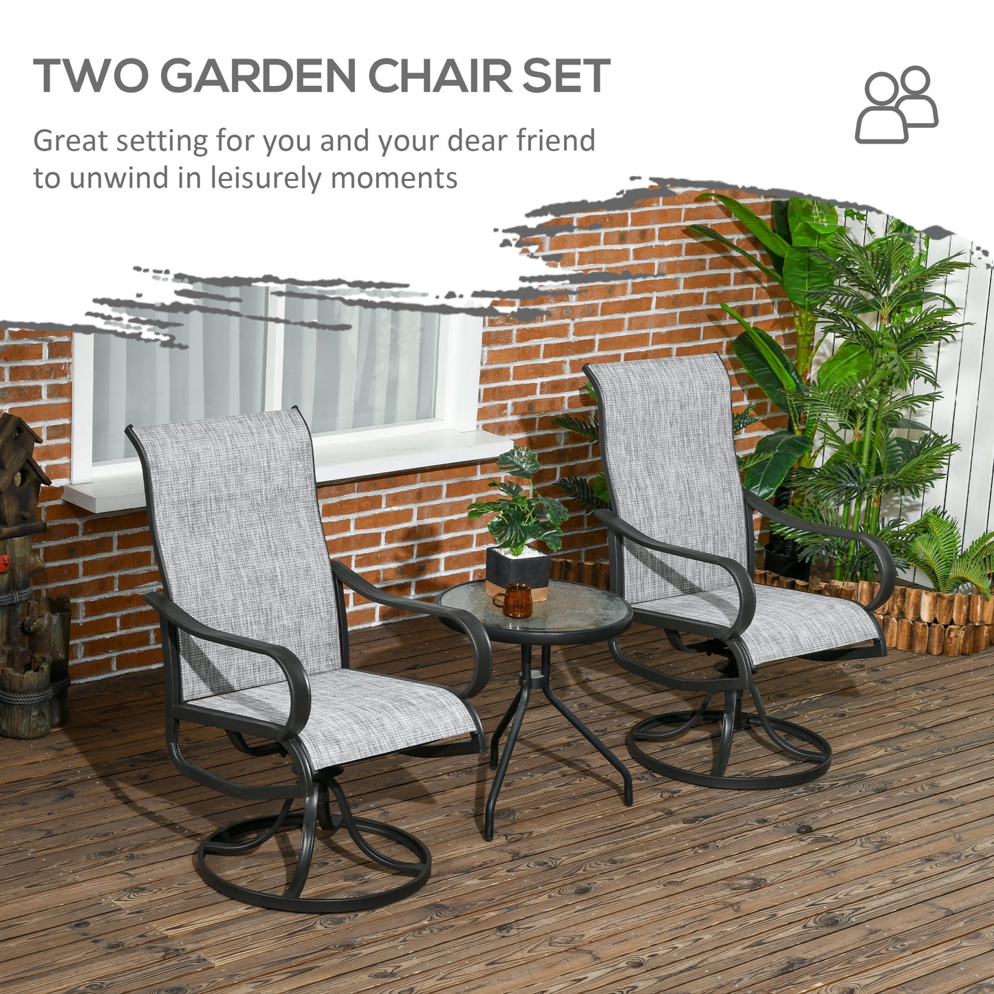 2-Piece Swivel Garden Chairs, 360° Swivel Rocking Outdoor Chairs with Curved Armrests, Breathable Mesh Seat & S Shape Backrest for Yard, Lawn, Porch, Dark Grey
