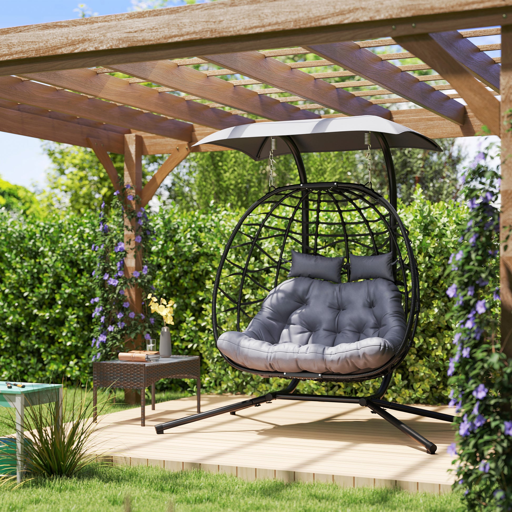 Double Wicker Egg Swing Chair with Canopy, Foldable Hanging Egg Chair with Stand Cushion Headrest, Black