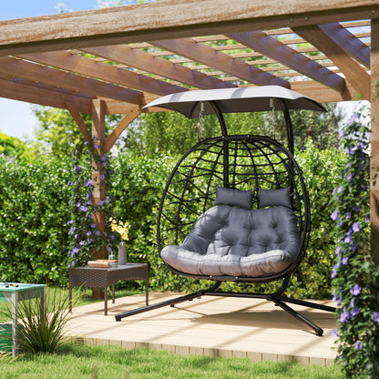 Double Wicker Egg Swing Chair with Canopy, Foldable Hanging Egg Chair with Stand Cushion Headrest, Black