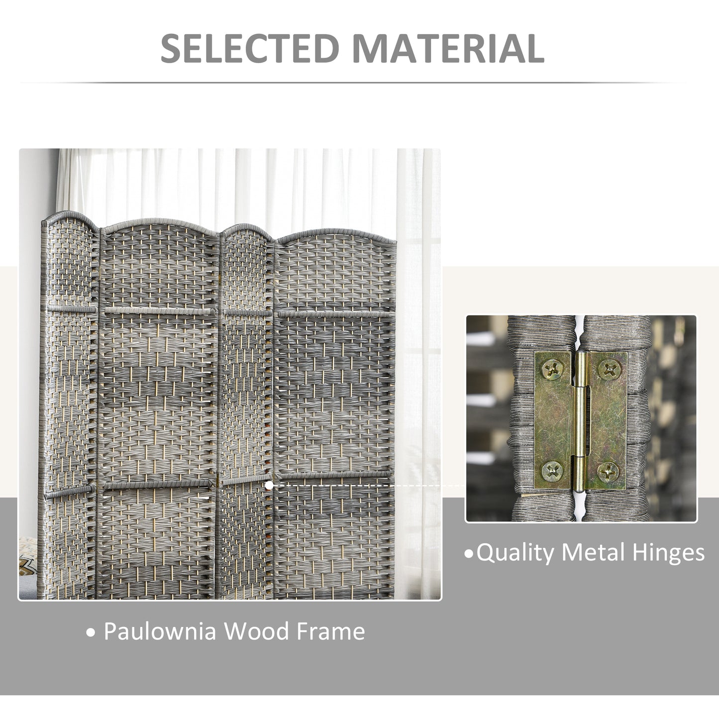 6 Ft Tall Folding Room Divider, 4 Panel Portable Privacy Screen, Hand-Woven Partition Wall Divider, Mixed Grey