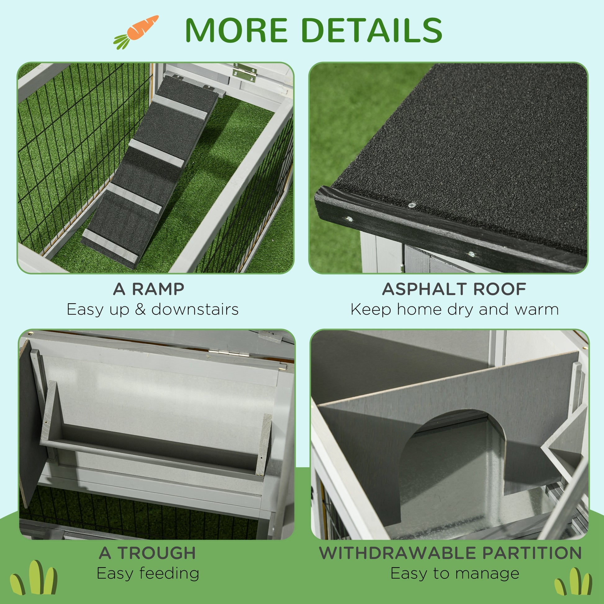 Wood Rabbit Hutch w/ Ramp, Openable Roof, Pull-out Tray, Light Grey