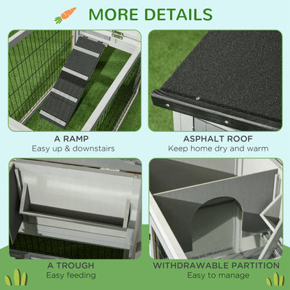 Wood Rabbit Hutch w/ Ramp, Openable Roof, Pull-out Tray, Light Grey