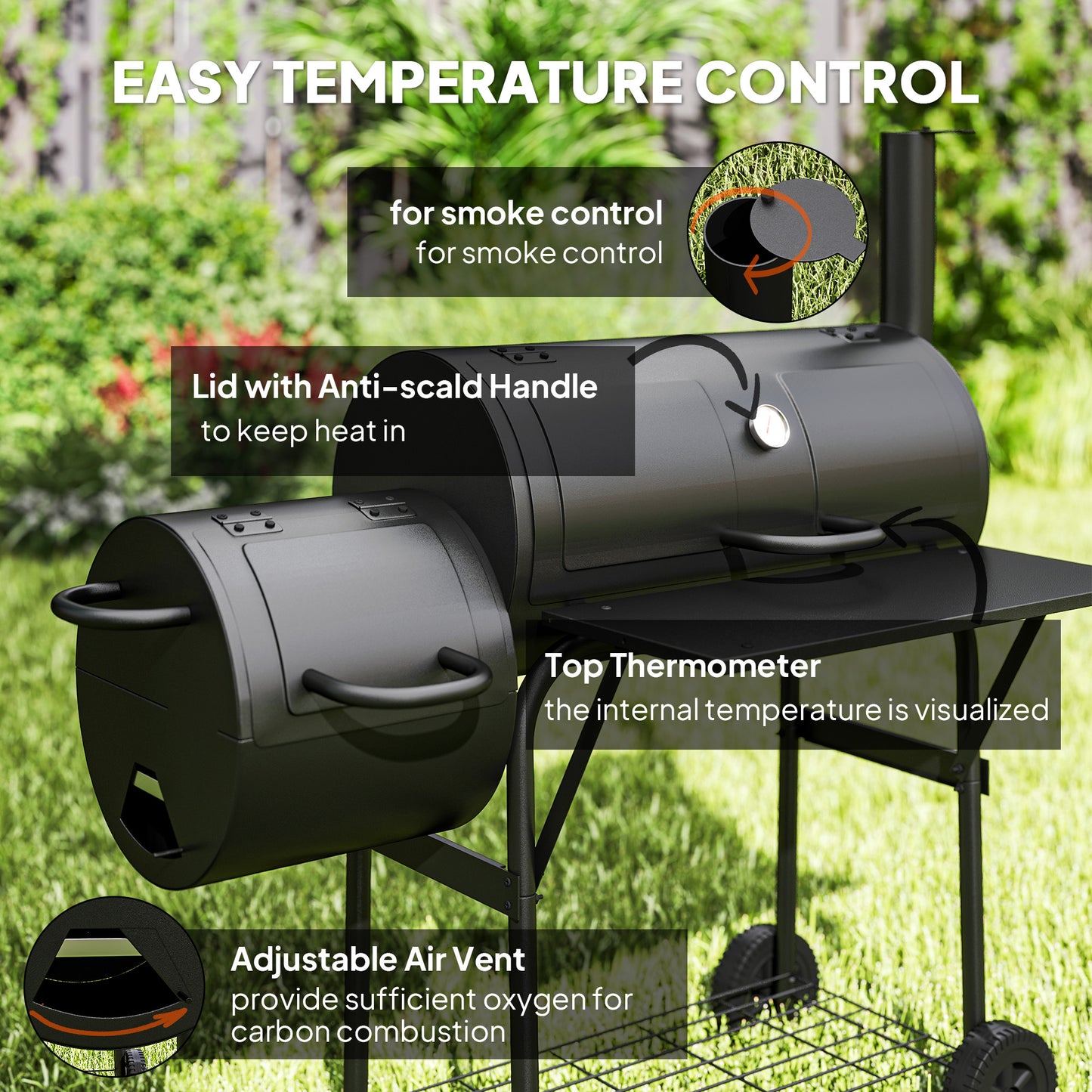 Portable Outdoor Charcoal BBQ Grill with Offset Smoker, Barbecue Grill with Spacious Cooking Area, 2 Shelves, Thermometer, Wheels for Patio Backyard Party, Black