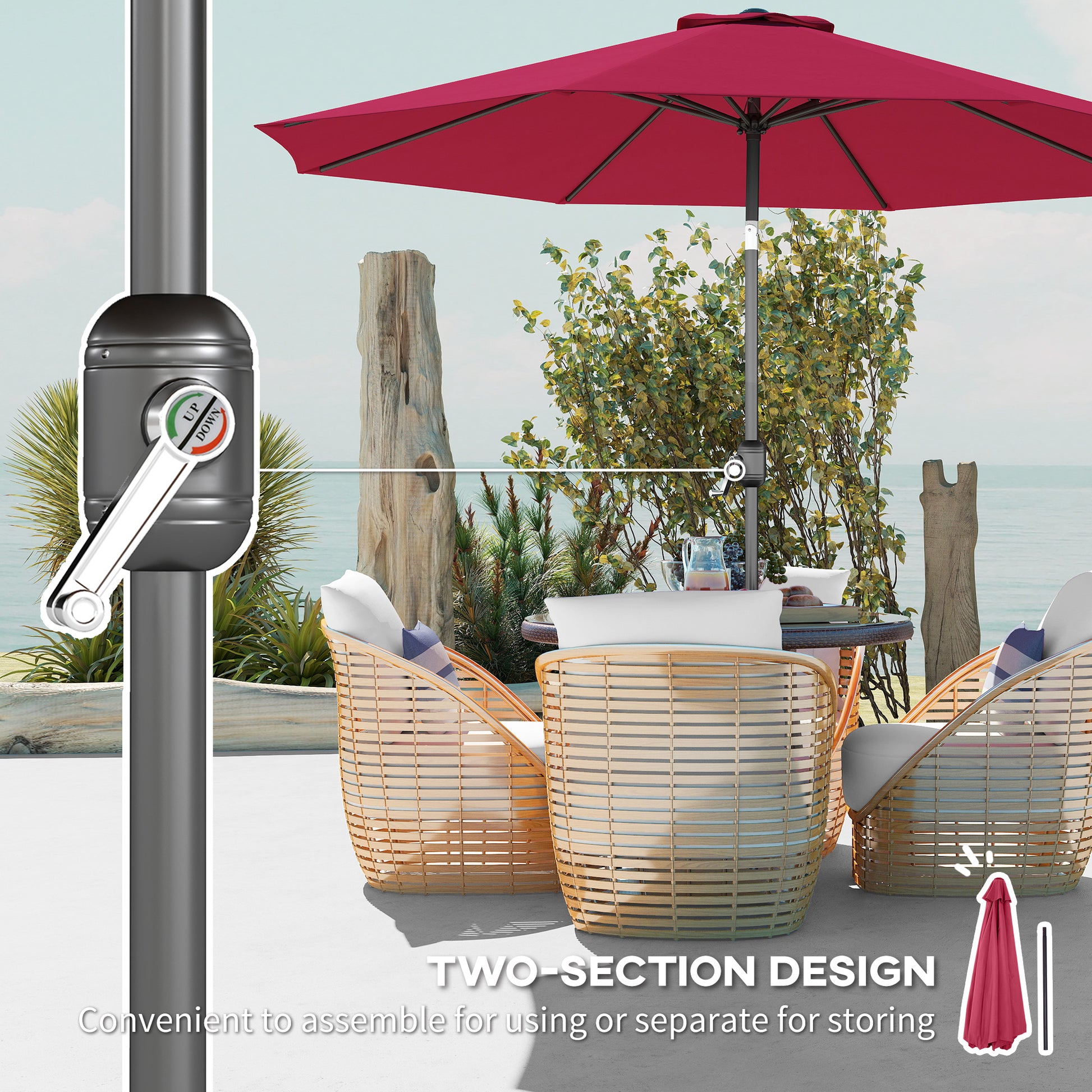 10' x 8' Round Market Umbrella, Patio Umbrella with Crank Handle and Tilt, Outdoor Parasol for Garden, Wine Red