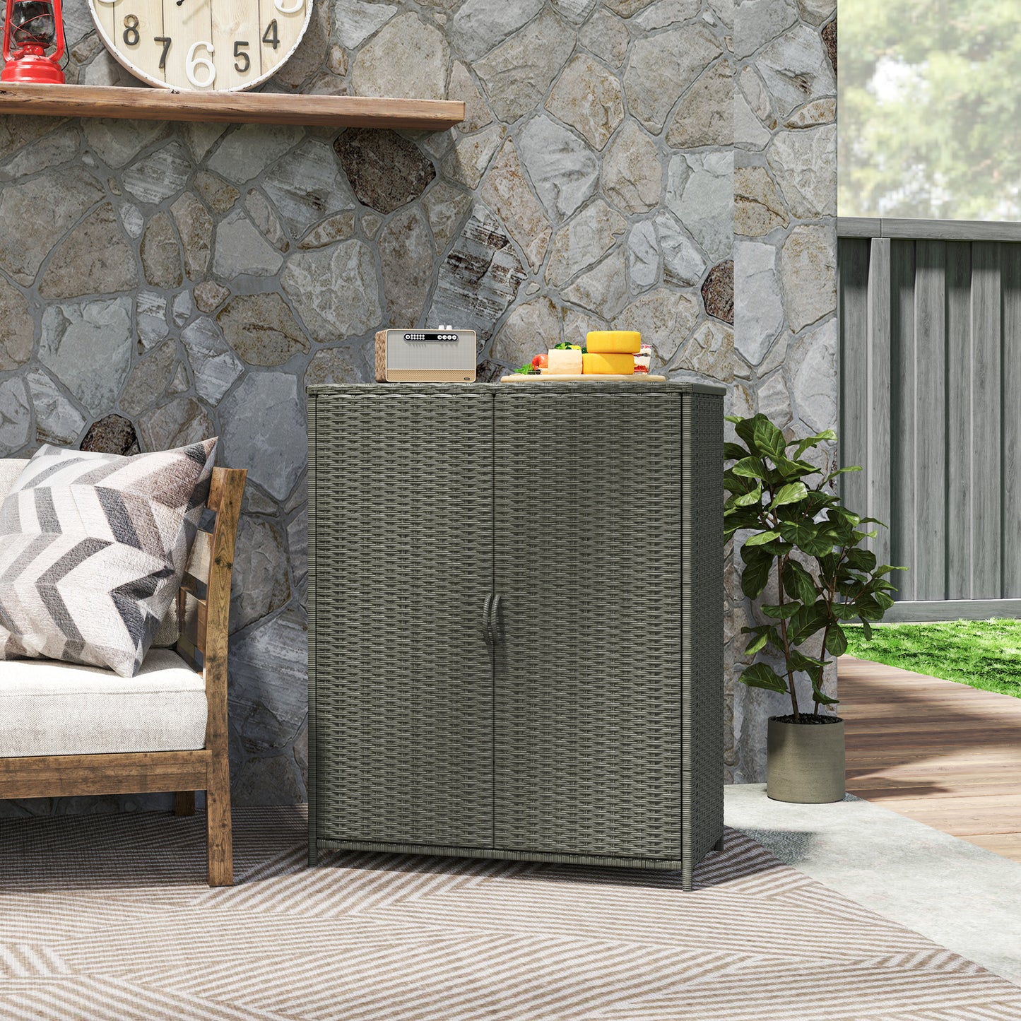 Wicker Outdoor Storage Cabinet, Pool Storage Organizer with 4 Shelves and 2 Doors for Garden, Backyard, Dark Grey