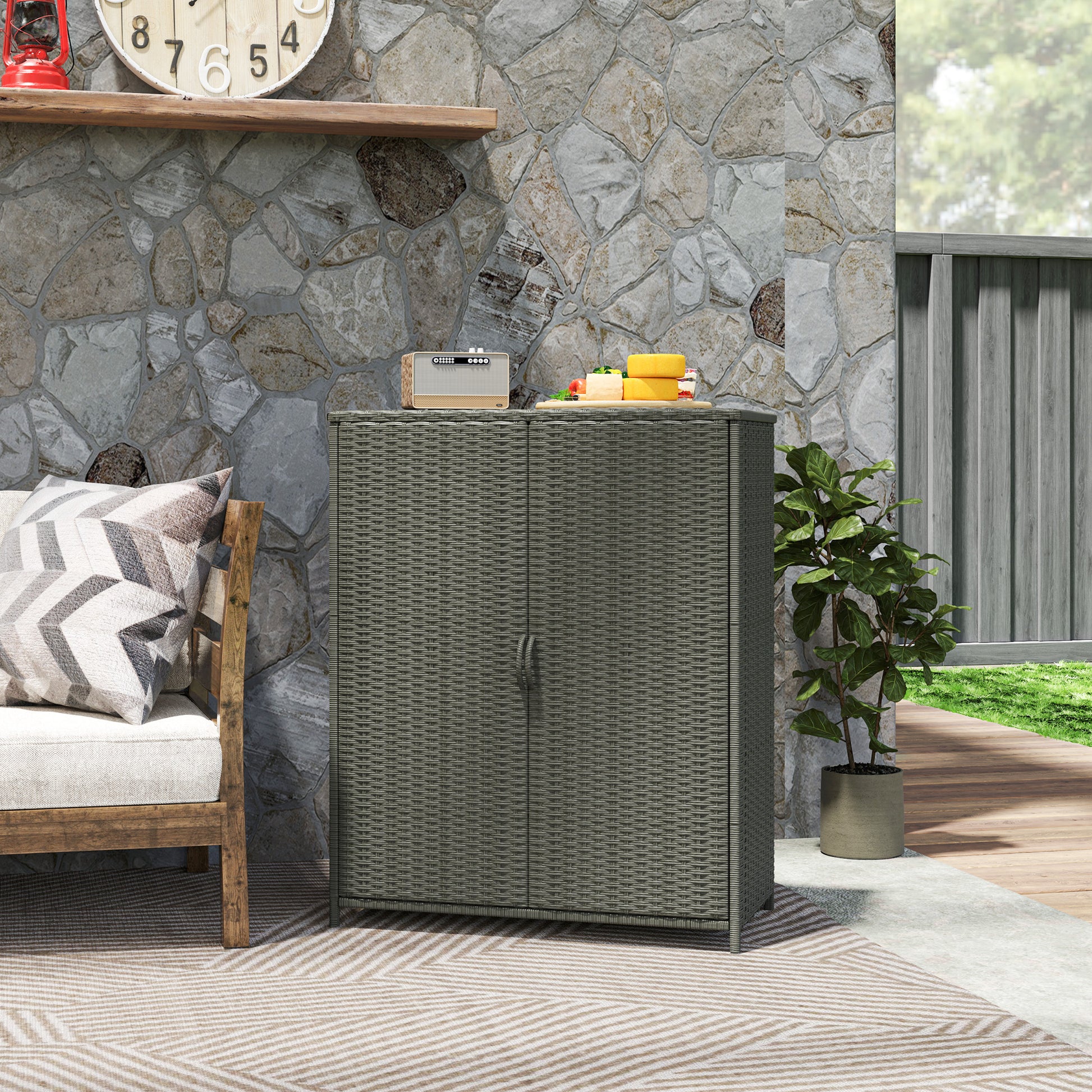 Wicker Outdoor Storage Cabinet, Pool Storage Organizer with 4 Shelves and 2 Doors for Garden, Backyard, Dark Grey
