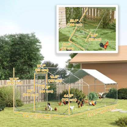 Large Metal Chicken Run with Waterproof & UV-Resistant Cover, Feeding Door, Hanging Feeder, Perch for 18-24 Chickens