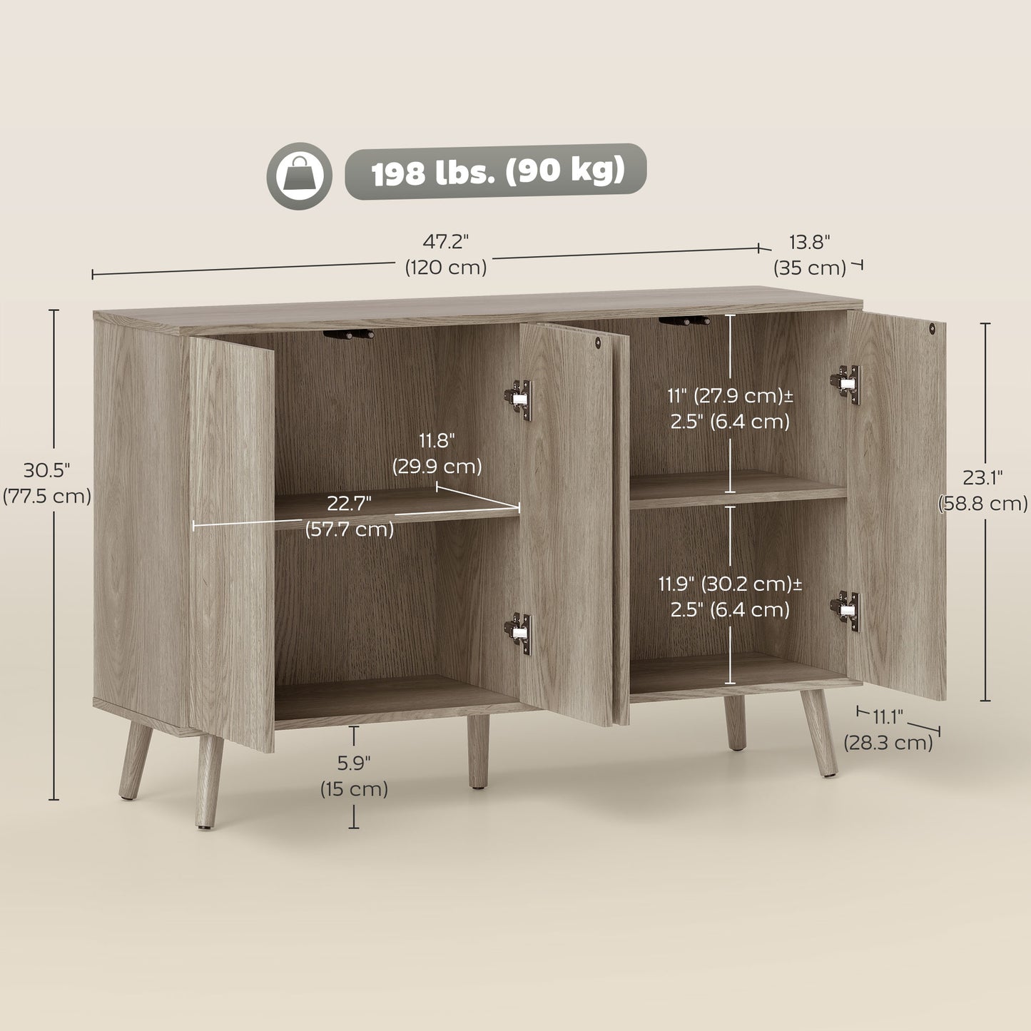 Buffet Cabinet with Storage, Modern Fluted Sideboard with Adjustable Shelves for Dining Room Living Room, Light Grey