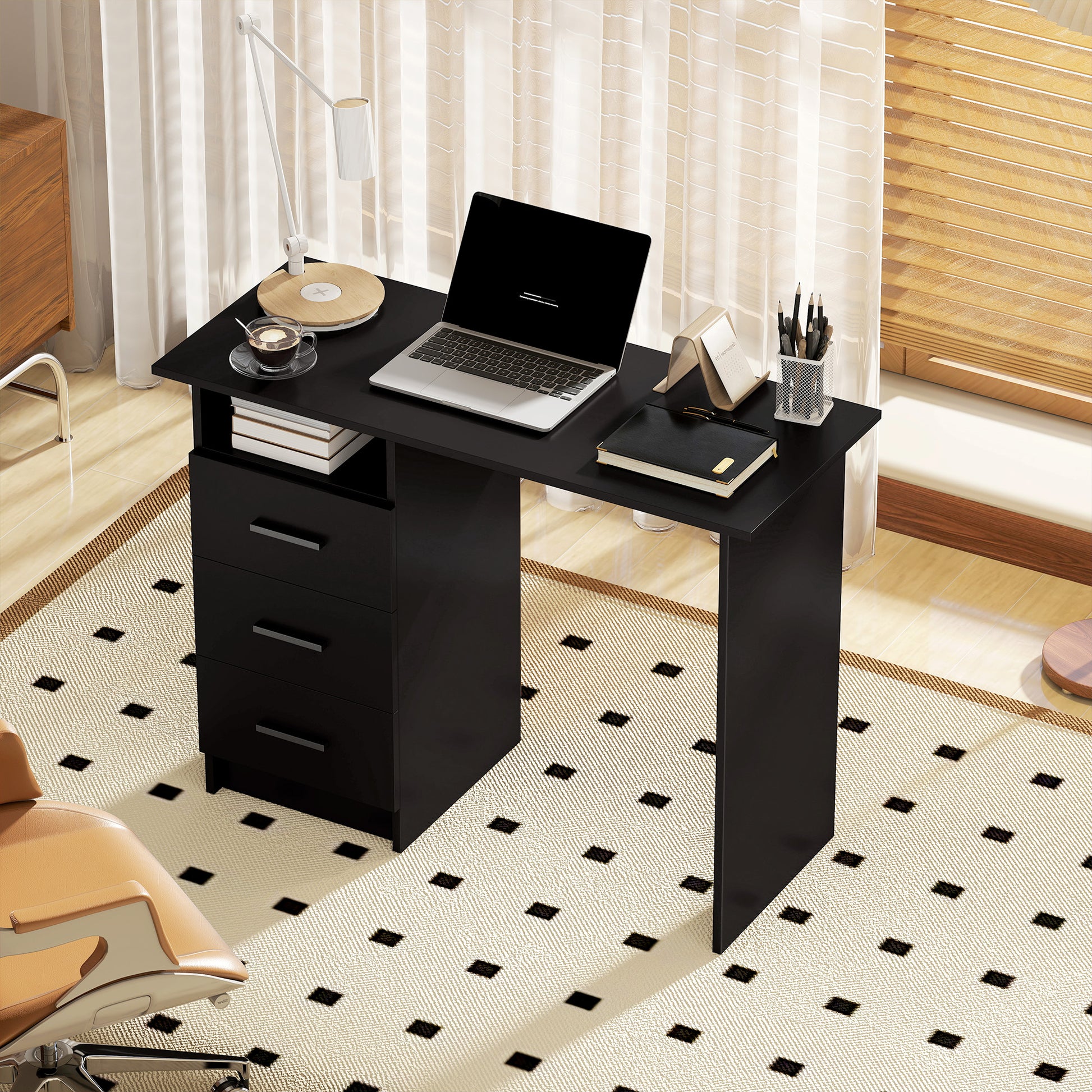 Computer Desk with Storage, 39" Home Office Desk with 3 Drawers nad Open Shelf, Writing Table for Bedroom, Black