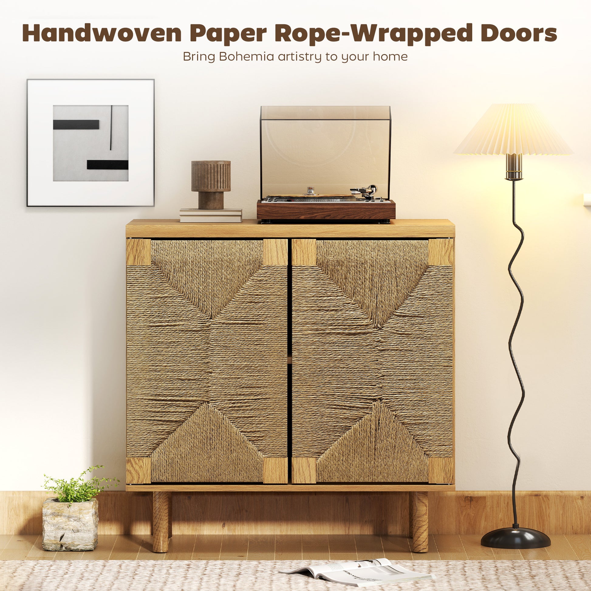 Handwoven Rope Accent Cabinet Boho Sideboard Buffet Cabinet with Push to Open Doors Adjustable Shelf Pine Wood Legs Oak