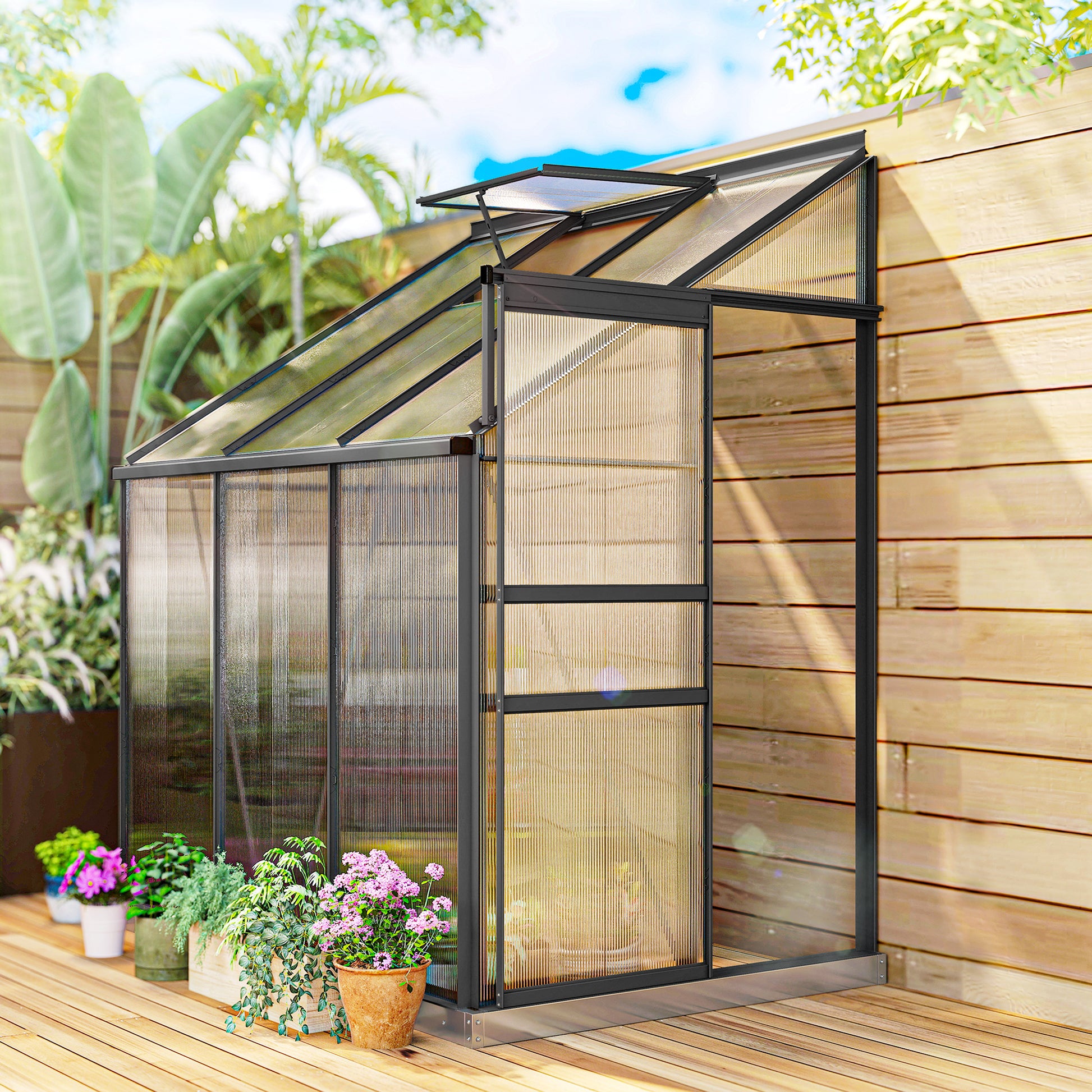 6' x 4' Aluminum Lean-to Greenhouse Polycarbonate Walk-in Greenhouse with Rain Gutter and Sliding Door, Dark Grey