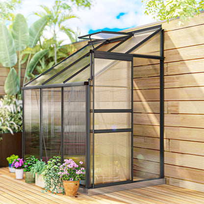 6' x 4' Aluminum Lean-to Greenhouse Polycarbonate Walk-in Greenhouse with Rain Gutter and Sliding Door, Dark Grey