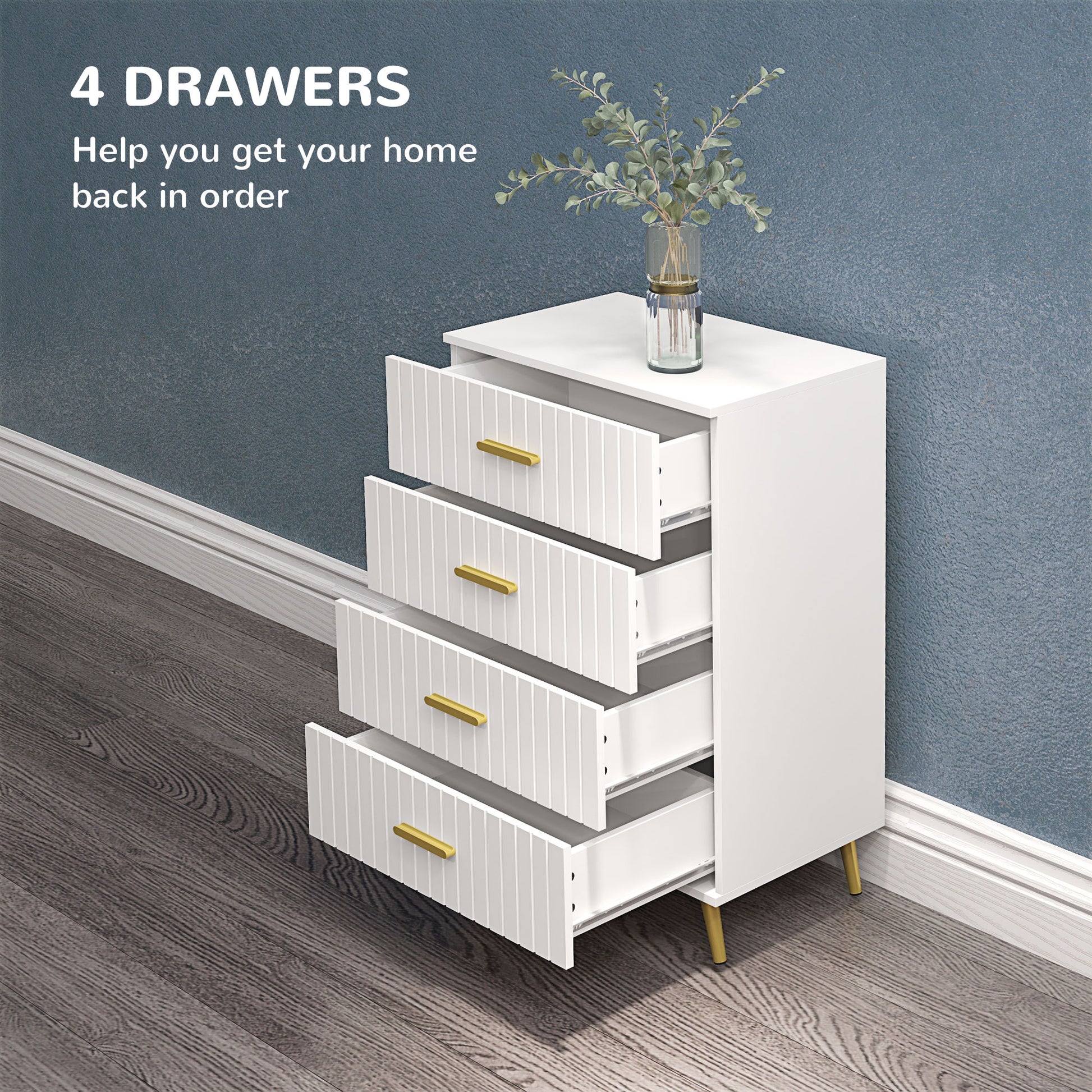 4 Drawer Cabinet, Drawer Chest for Bedroom, Chest of Drawers with Aluminium Legs and Gold Handles, White