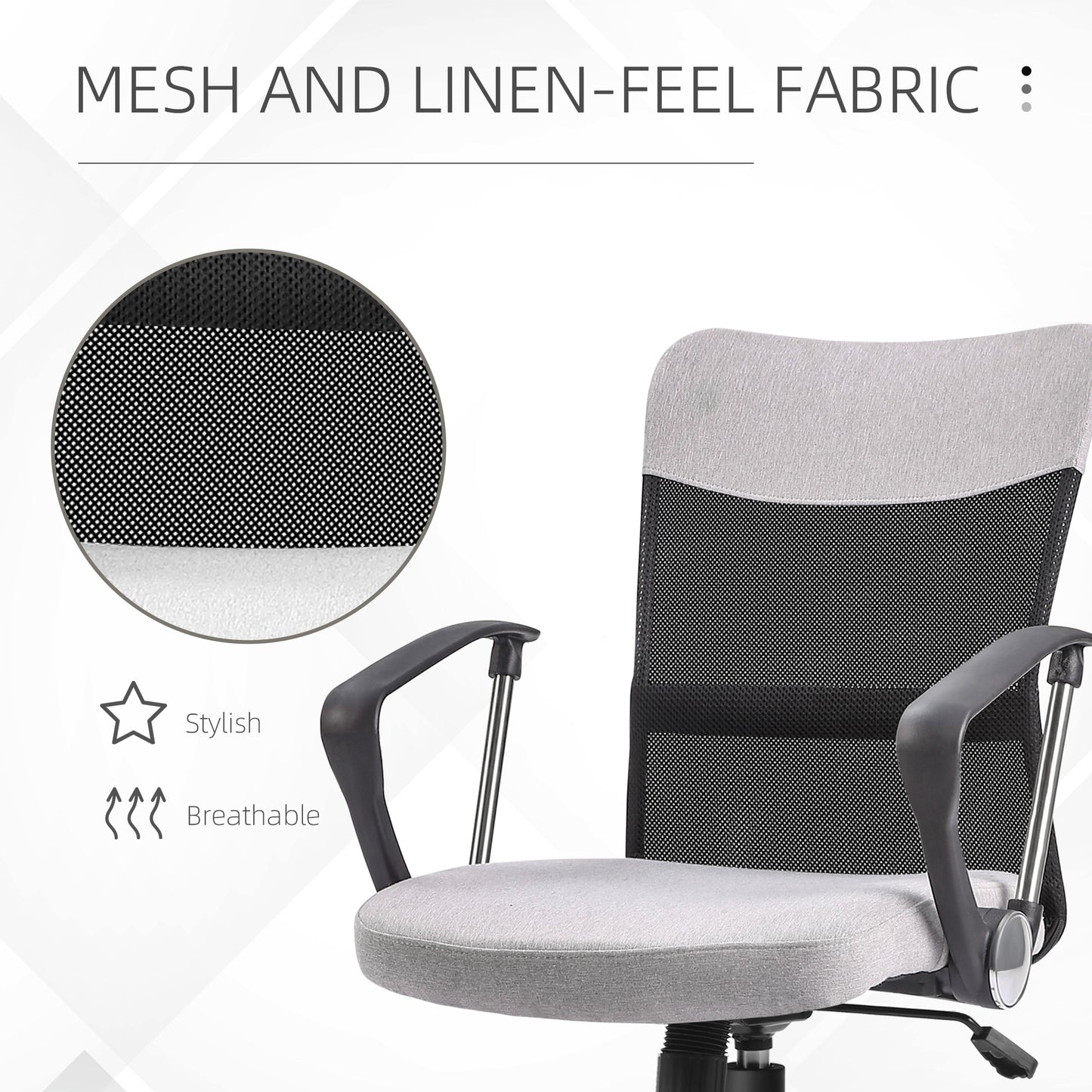 Mid Back Office Chair, Linen Adjustable Office Chair with Lumbar Back Support, Arm, Adjustable Height, Grey