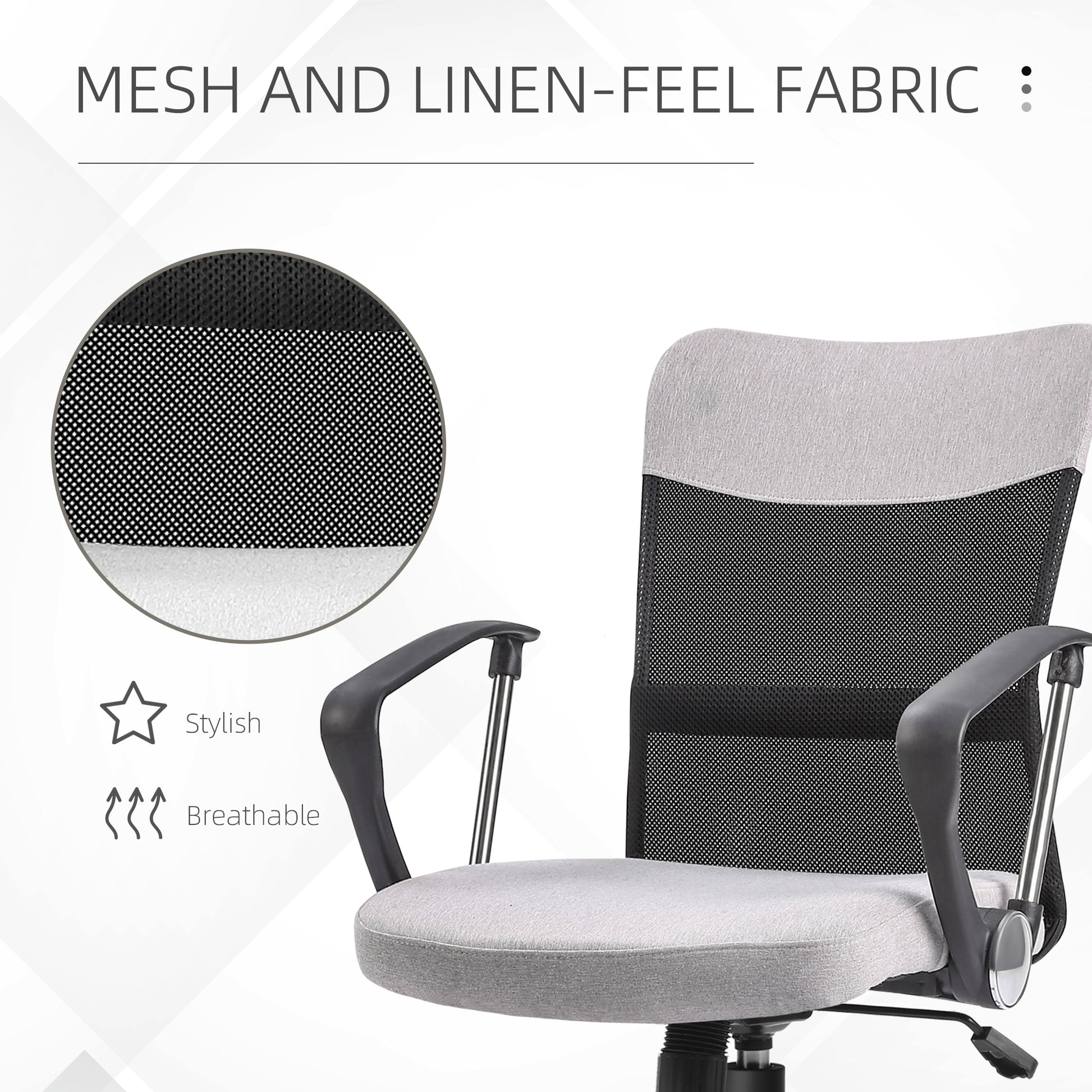 Mid Back Office Chair, Linen Adjustable Office Chair with Lumbar Back Support, Arm, Adjustable Height, Grey