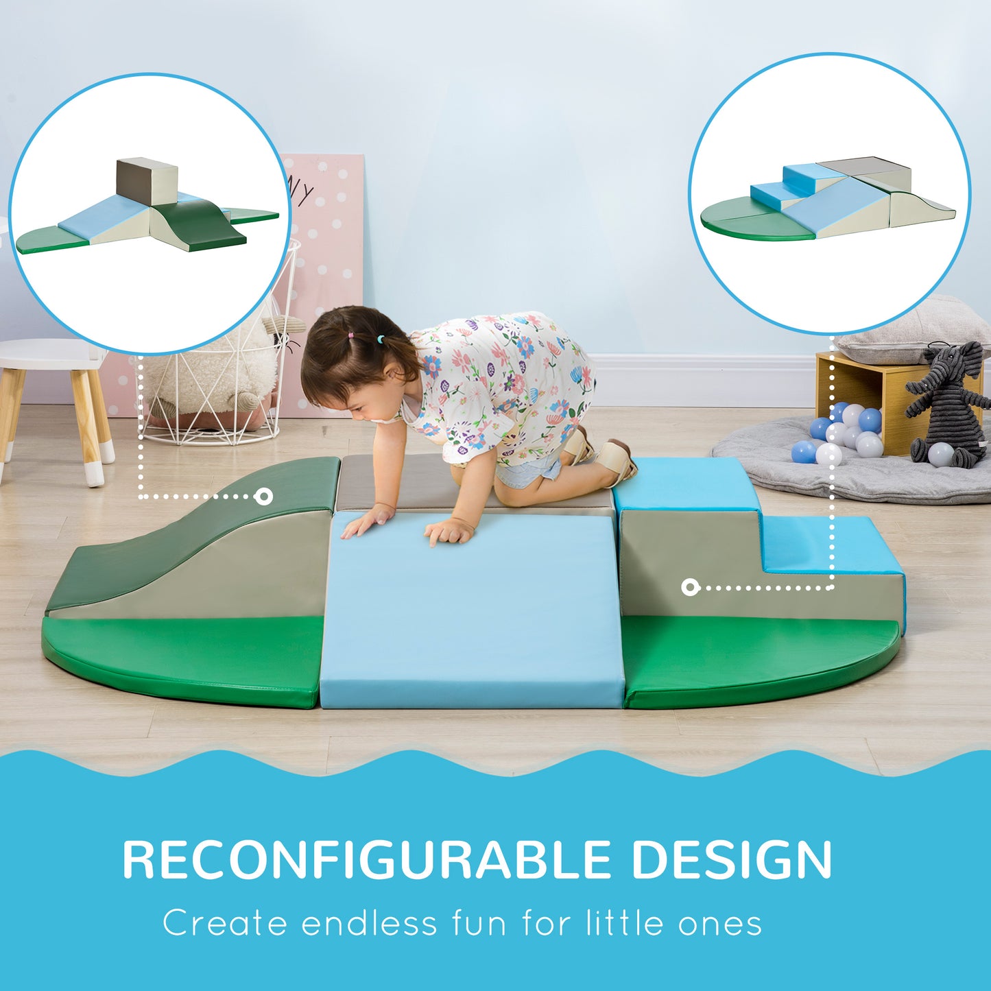 Qaba 6-Piece Soft Play for 12-36 Months Toddlers to Climb, Crawl, Slide, Blue, Green