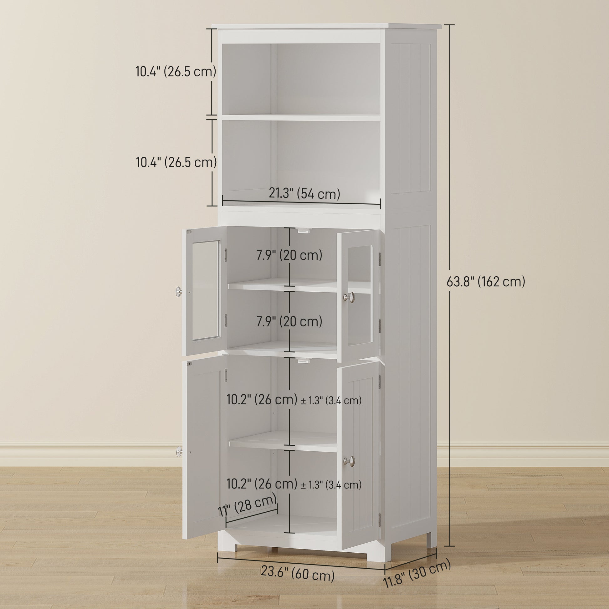 63" Small Buffet with Hutch, 4-Door Kitchen Pantry, Freestanding Storage Cabinet with Adjustable Shelf for Dining Room, Living Room, White