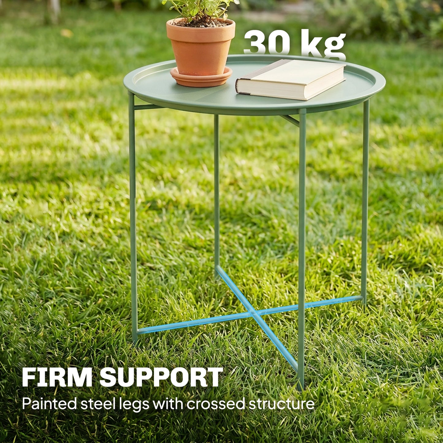 18" Outdoor Side Table with Removable Tray and Folding Legs, Indoor Outdoor for Balcony, Porch, Green