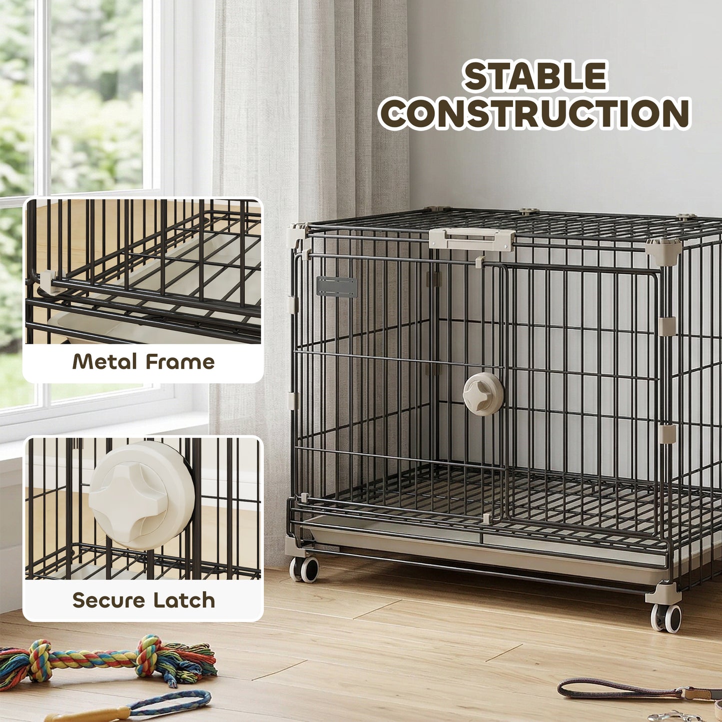 Dog Crate, 24 Inch Metal Dog Cage with Removable Tray, Lockable Wheels, 2 Doors for Small Medium Breeds, Black