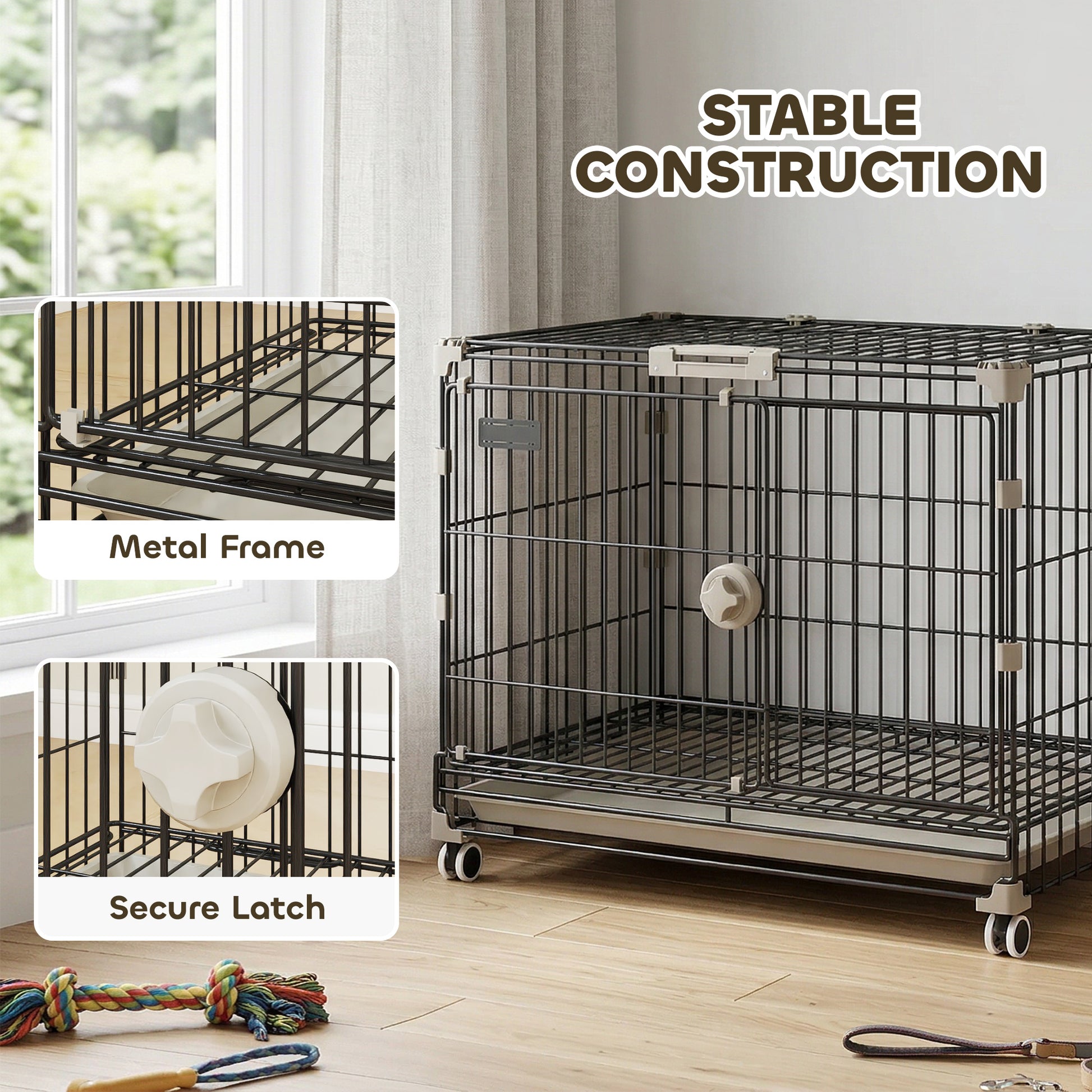 Dog Crate, 24 Inch Metal Dog Cage with Removable Tray, Lockable Wheels, 2 Doors for Small Medium Breeds, Black
