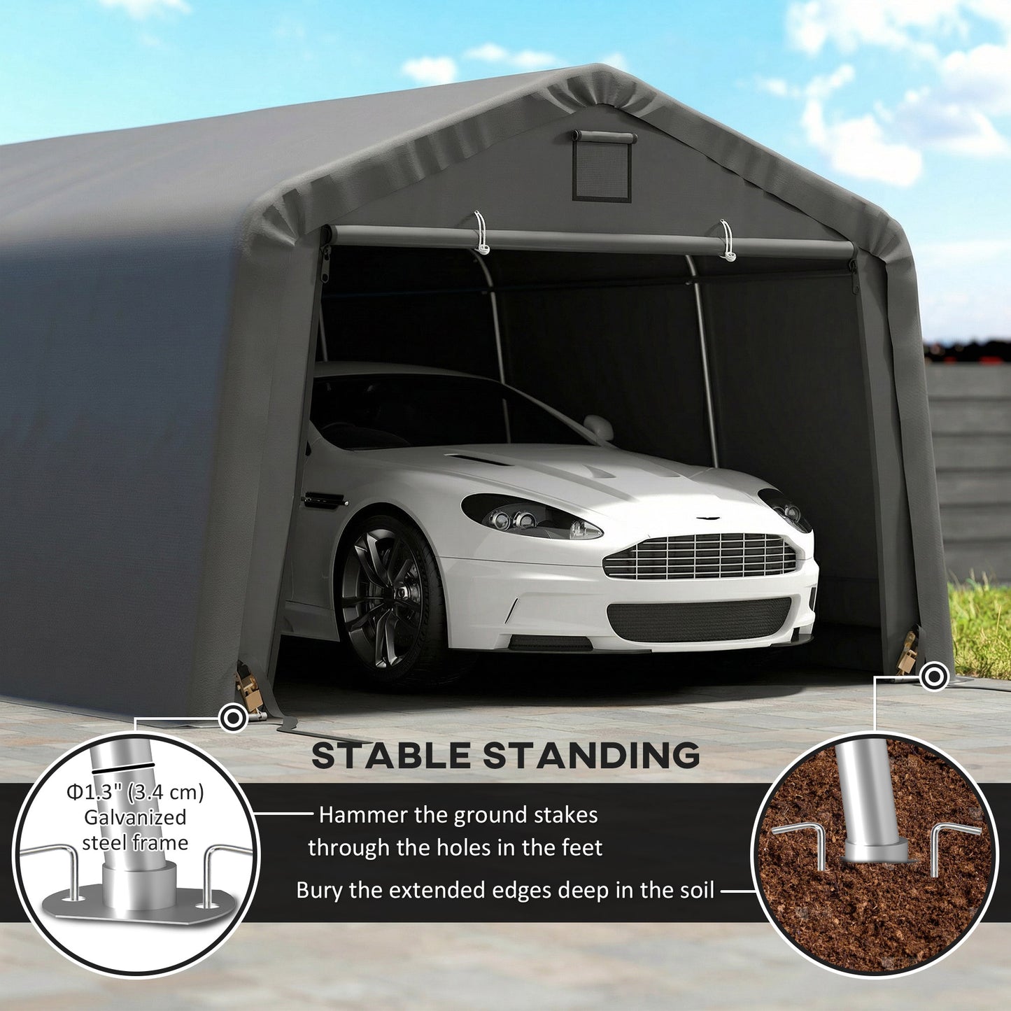 12' x 20' Portable Garage, Heavy Duty Carport Canopy with Ventilation Windows and Large Roll-up Door, Dark Grey