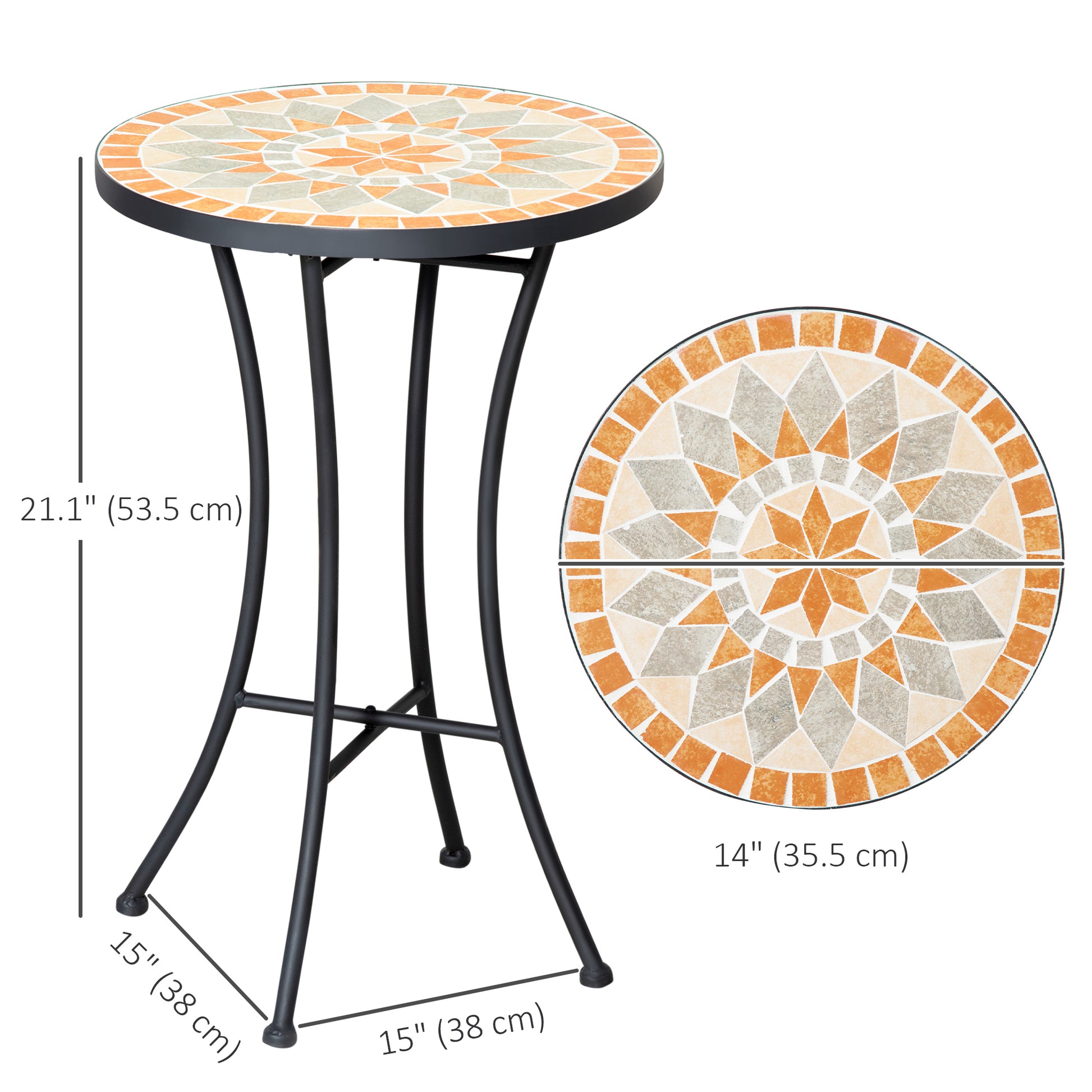 Mosaic Patio Table, Round Coffee Table with Metal Frame, Garden Furniture for Outdoor, Poolside, Yellow & Grey
