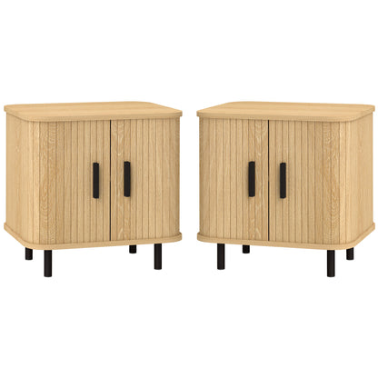 Nightstand Set of 2, Side Table with Shutter Doors, Sofa End Table with Steel Frame, for Bedroom, Living Room, Oak