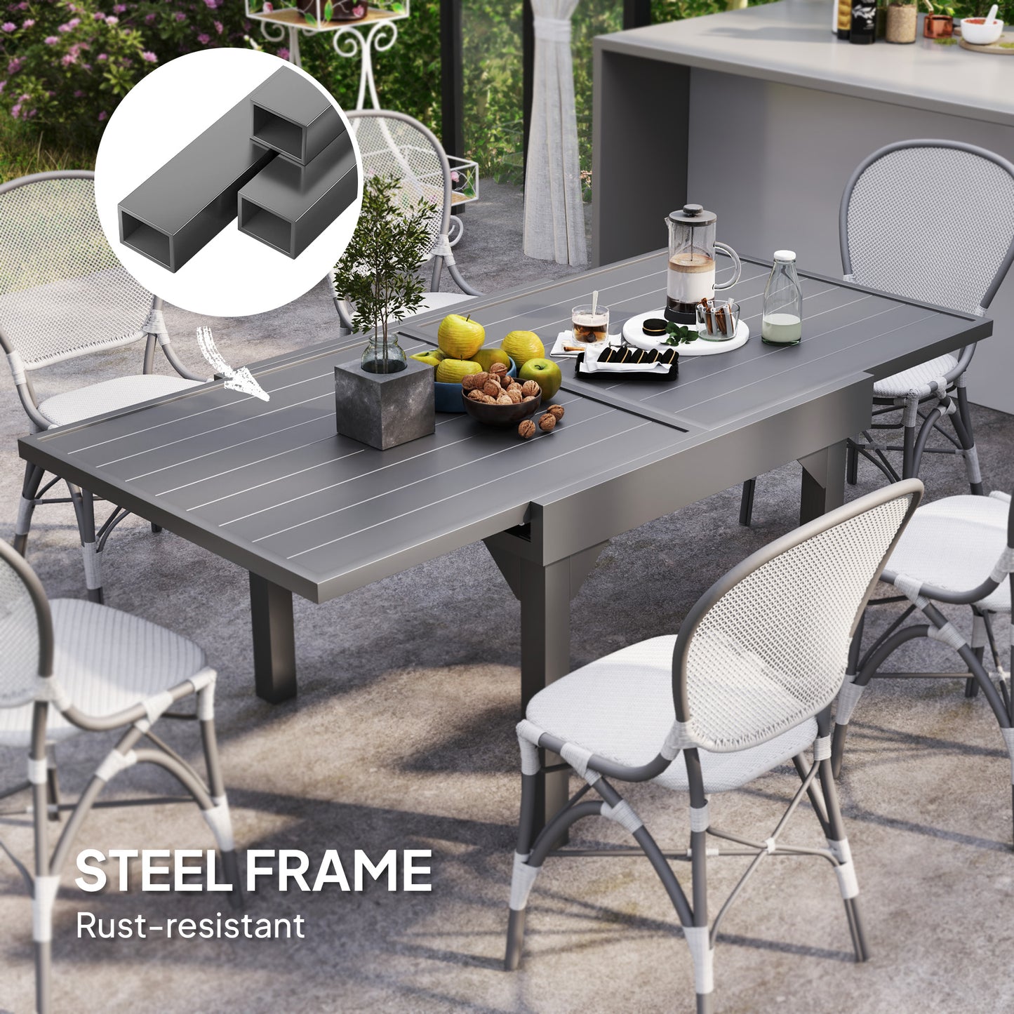 35"-71" Extendable Aluminium Outdoor Dining Table, Slatted Top Patio Table for 4-6 Person, for Garden, Backyard, Grey