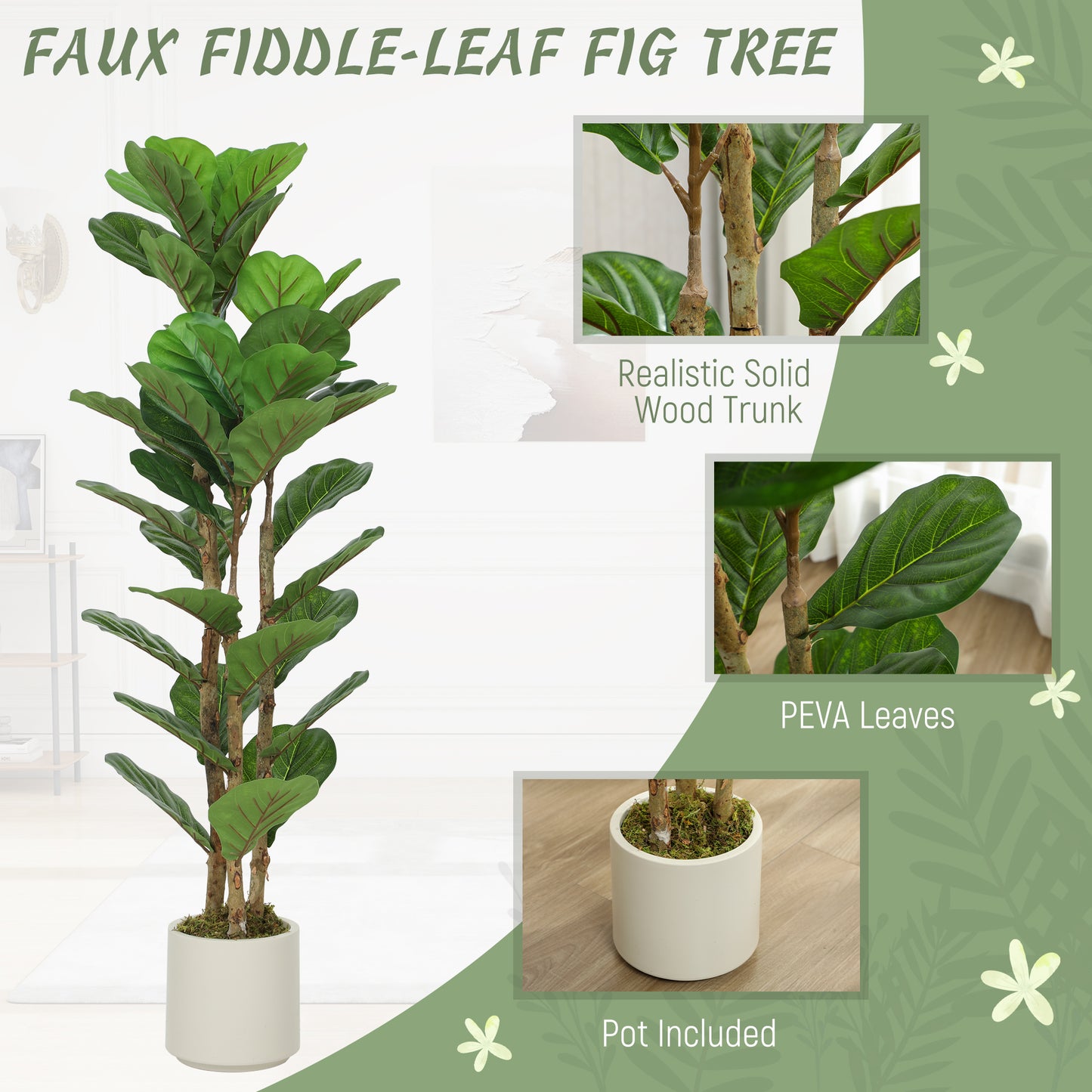 4FT Artificial Fiddle Leaf Fig Tree Set of 2, Fake Potted Tree with Solid Wood Trunks for Indoor Decor, Green