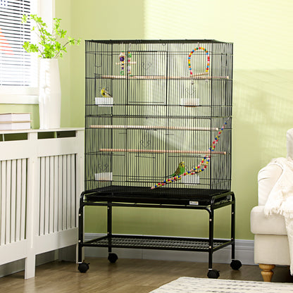 52" Bird Cage with Rolling Stand, Toys, for Budgies Canaries Black