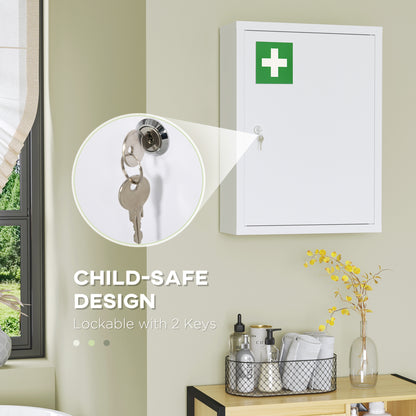 Lockable Medicine Cabinet, 3 Tier Steel Medical Wall Box with 2 Keys and Shelves for Bathroom, White
